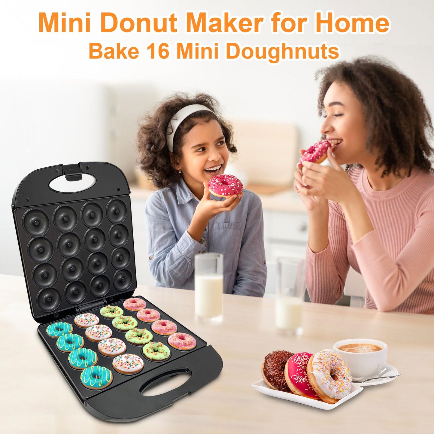2026 Mini Donut Maker Machine for Home, Kid-Friendly 16-Hole Electric Doughnut and Pancake Maker with Non-Stick Surface, Ideal for Homemade Doughnuts (Black with Mini Oven Gloves & Brush)