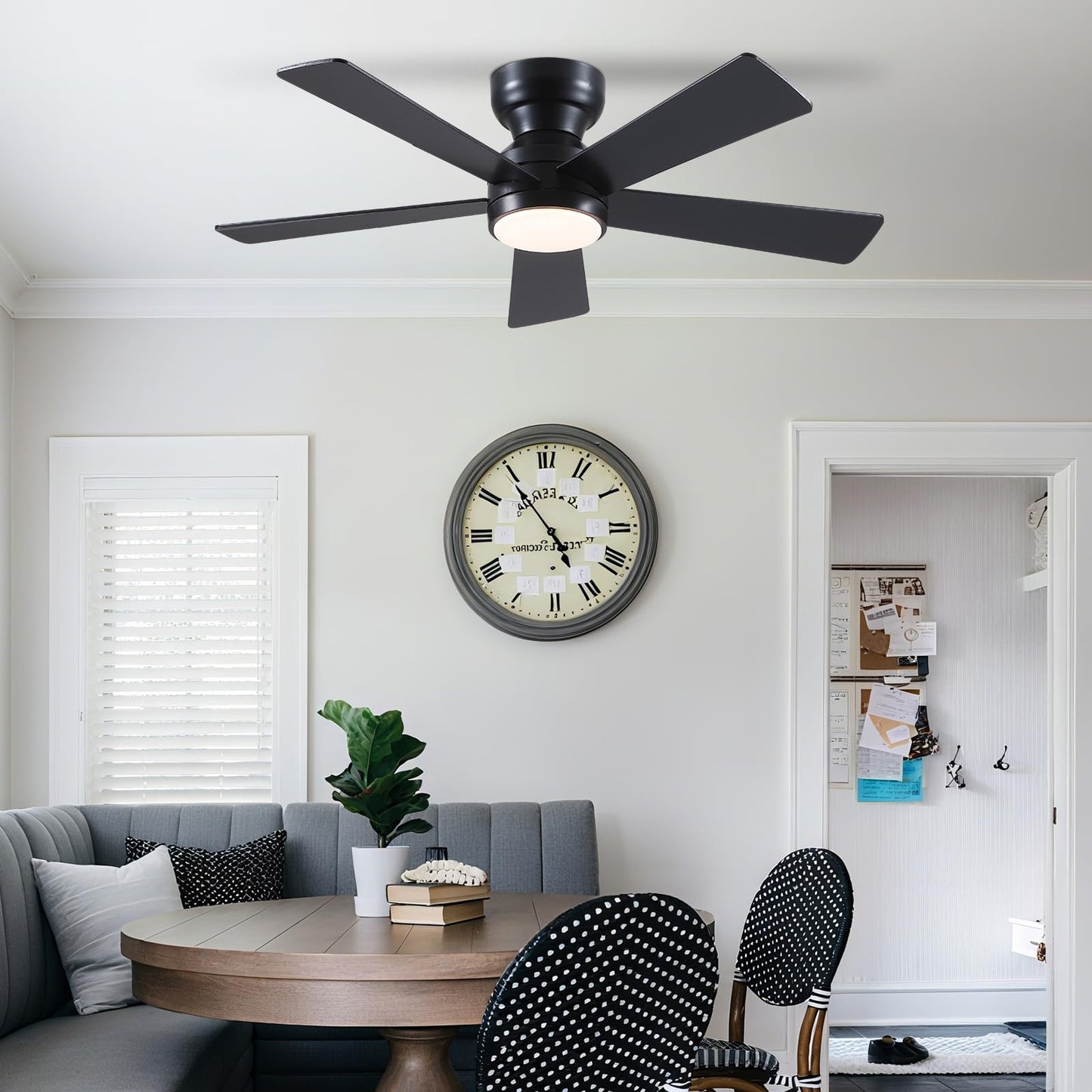 Black Ceiling Fans with Lights - 46" Flush Mount Ceiling Fan with Remote and 5 Reversible Blades, 3CCT Dimmable, 6 Wind Speeds&2H Timer, Indoor Low Profile Fan Light Fixture for Modern Bedroom