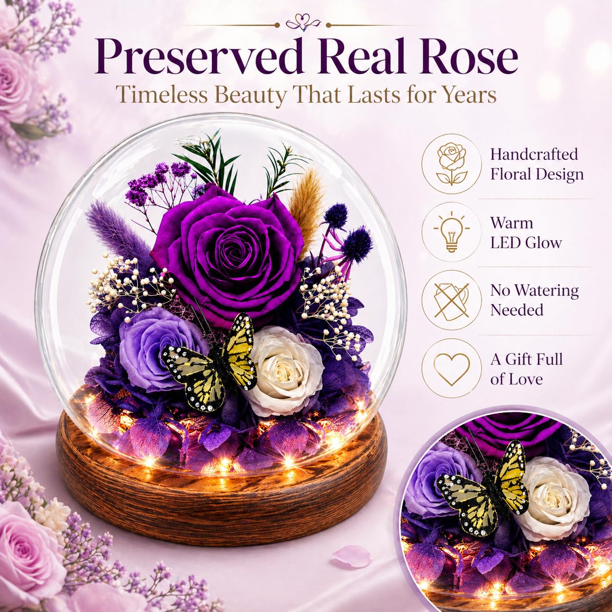 Purple Rose Birthday Gifts for Women | Forever Rose Graduation Gift for Her | Gift for Mom Grandma Sister Daughter Wife Birthday | Fresh Flowers for Delivery Prime Real Flowers in Glass Dome