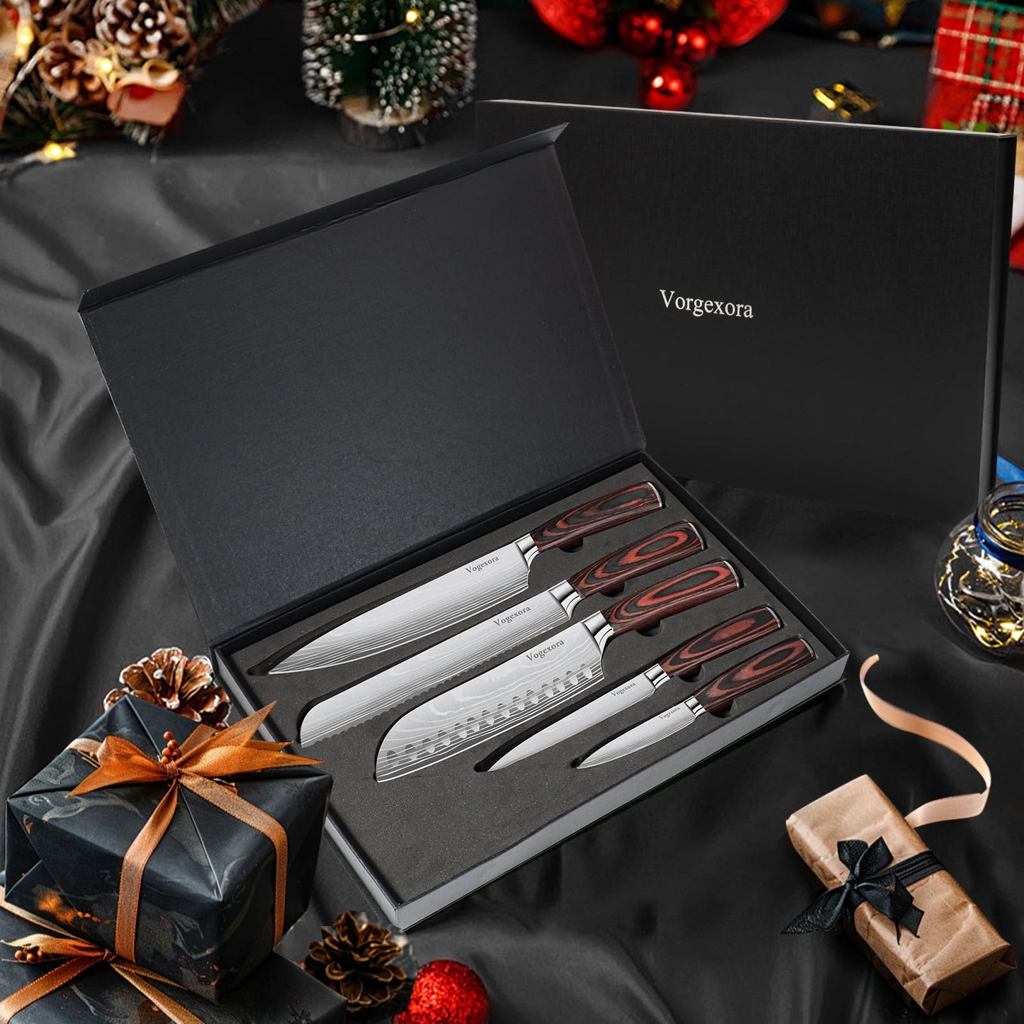 Vorgexora 5 Pcs Chefs Kitchen Sharp Knife Set - Japanese Professional Cooking Cutting Knives for Meat Vegetable Bread and Paring, High Carbon Stainless Steel Santoku
