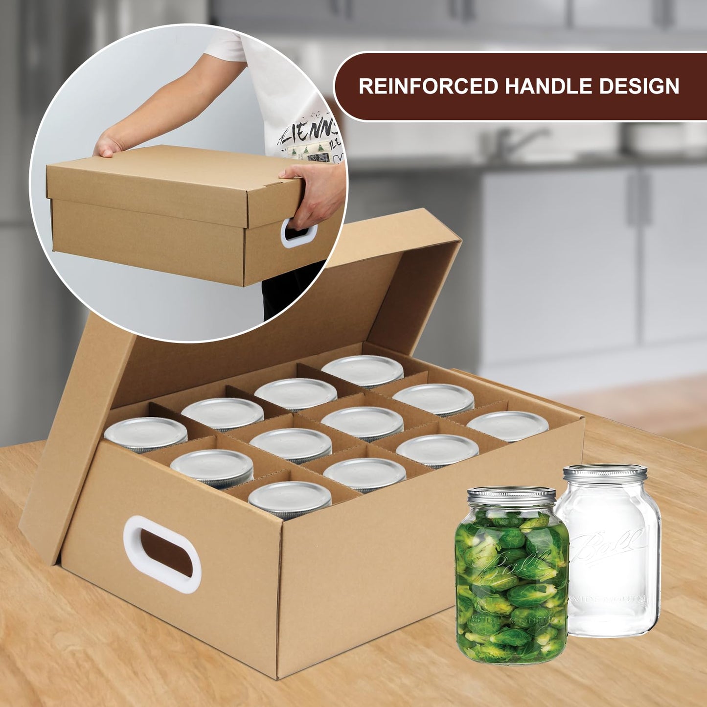 DIICCYO 6 Pcs Cardboard Mason Jar Storage Box for 16 oz Regular or Wide Mouth Jars Canning Boxes with Handles and Dividers, 12 Cells Mason Jar Organizer Canning Jar Storage Boxes