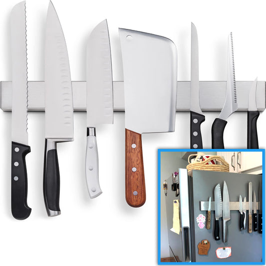 17" Premium Magnetic Knife Holder for Refrigerator (Double-Sided Heavy-Duty Magnets) - Upgraded Strip for Strong Fridge Mount - Clear Up Counter Space - 304 Anti-Rust Stainless Steel (Upgraded Design)