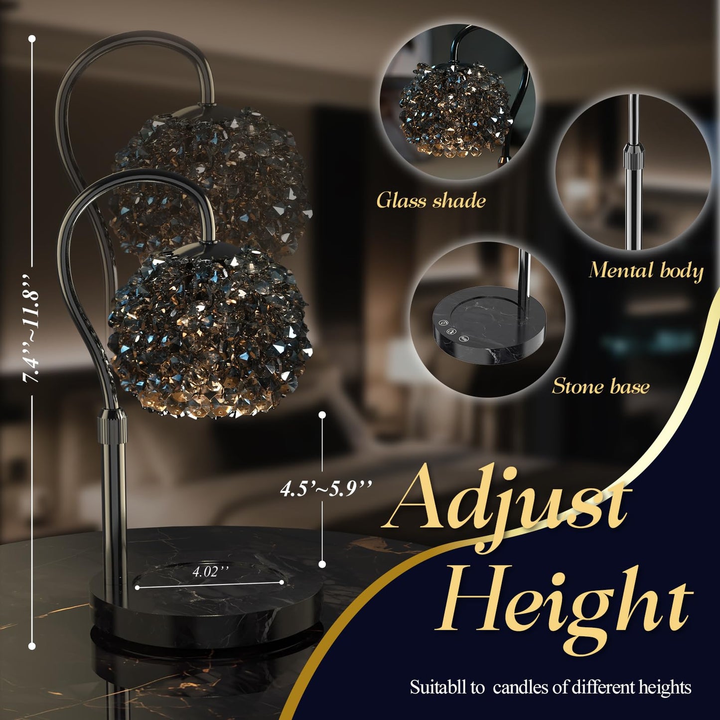 VXUNLIOR Luxury Candle Warmer Lamp with Timer & Dimmable Brightness, Crystal Gemstone Shade & Premium Base - Adjustable Wax Melt Warmer for Home Decor