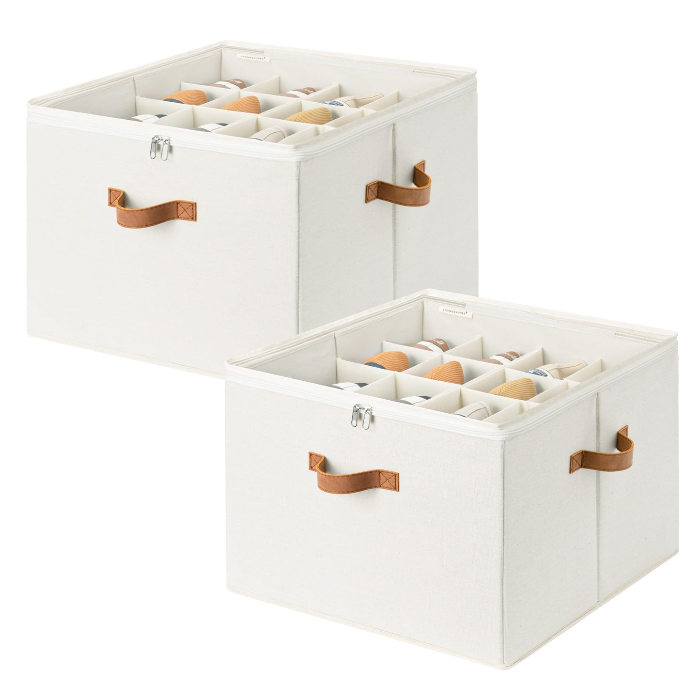 StorageWorks 2 Pack Shoe Organizer for Closet, Foldable Shoe Storage Box with Adjustable Dividers, Fabric Shoes Container, Stackable Storage Bins for Boots, Sneakers, Fits up to 16-32 Pairs, Beige