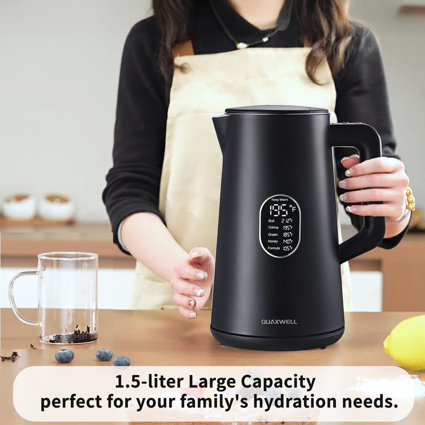 QUAXWELL 1.5L Electric Kettle Stainless Steel, Double Wall Cool Touch Teapot, Fast Boil, Precise Temperature Control, LCD Display, Auto Shut-Off, BPA-Free,Keep Warm Function, Ideal for Tea,Black