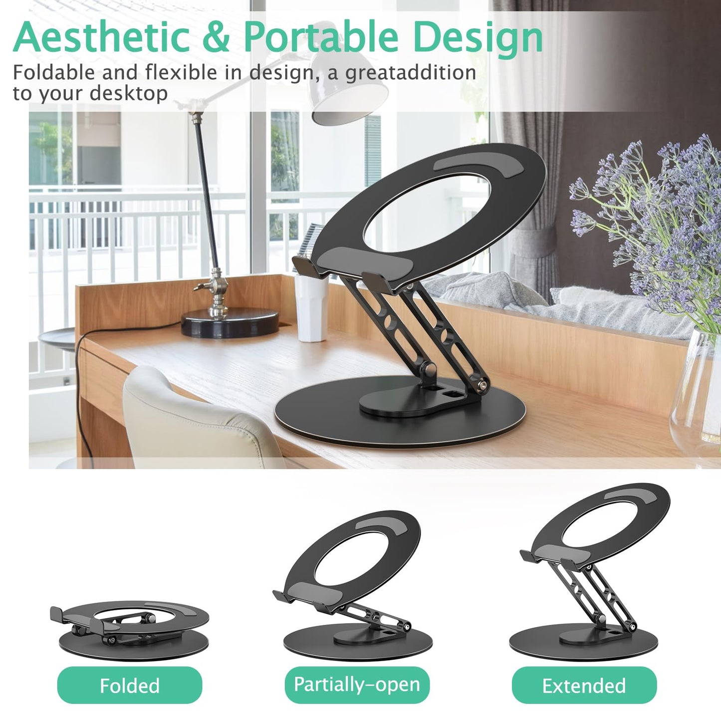 GleYo Laptop Stand for Desk Adjustable Computer Stand with 360 Rotating Base Ergonomic Laptop Riser Mount for Desk Foldable Protable Computer Desk Fits with MacBook Pro Air, Round Black