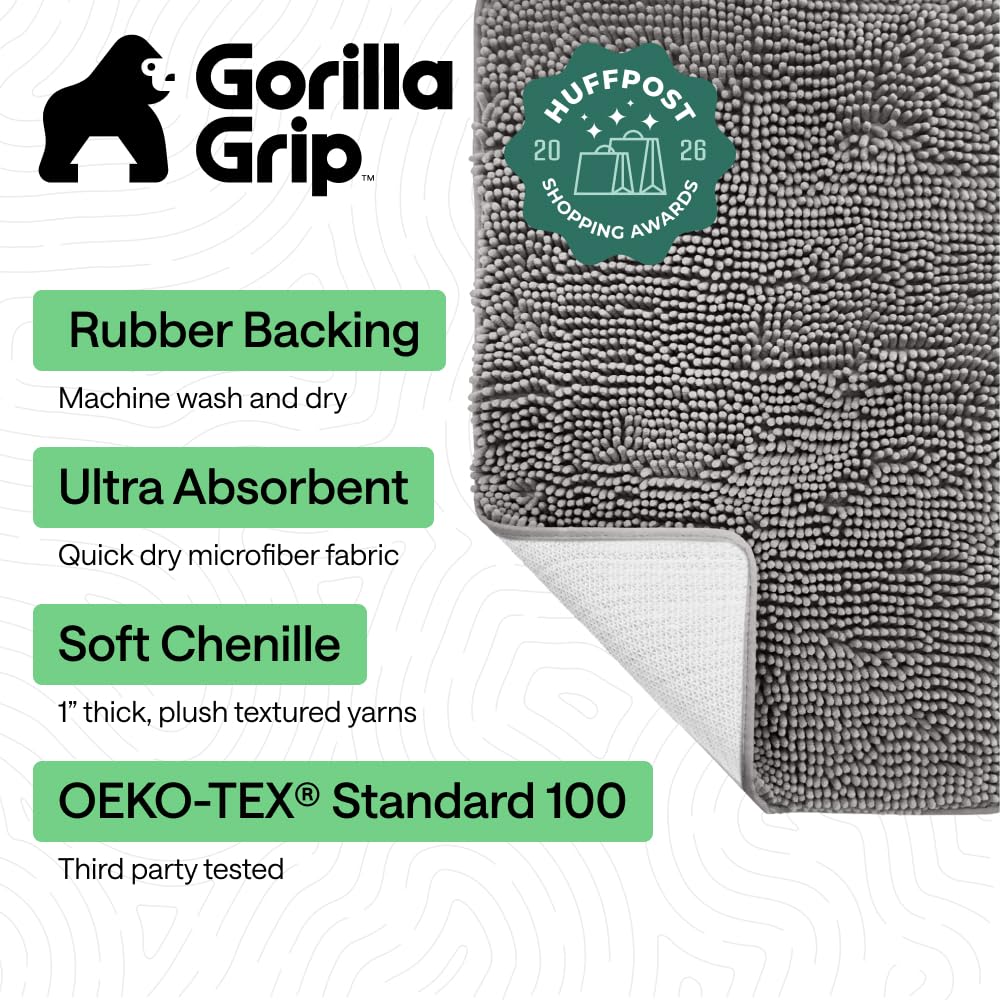 GORILLA GRIP Bath Rug Mat 54x24, Thick Soft Absorbent Chenille, Quick Dry Microfiber Mats, Rubber Backing Washable Shower Floor Rugs, Bathmat Runner, US Designed Bathroom Home Decor Accessories Grey