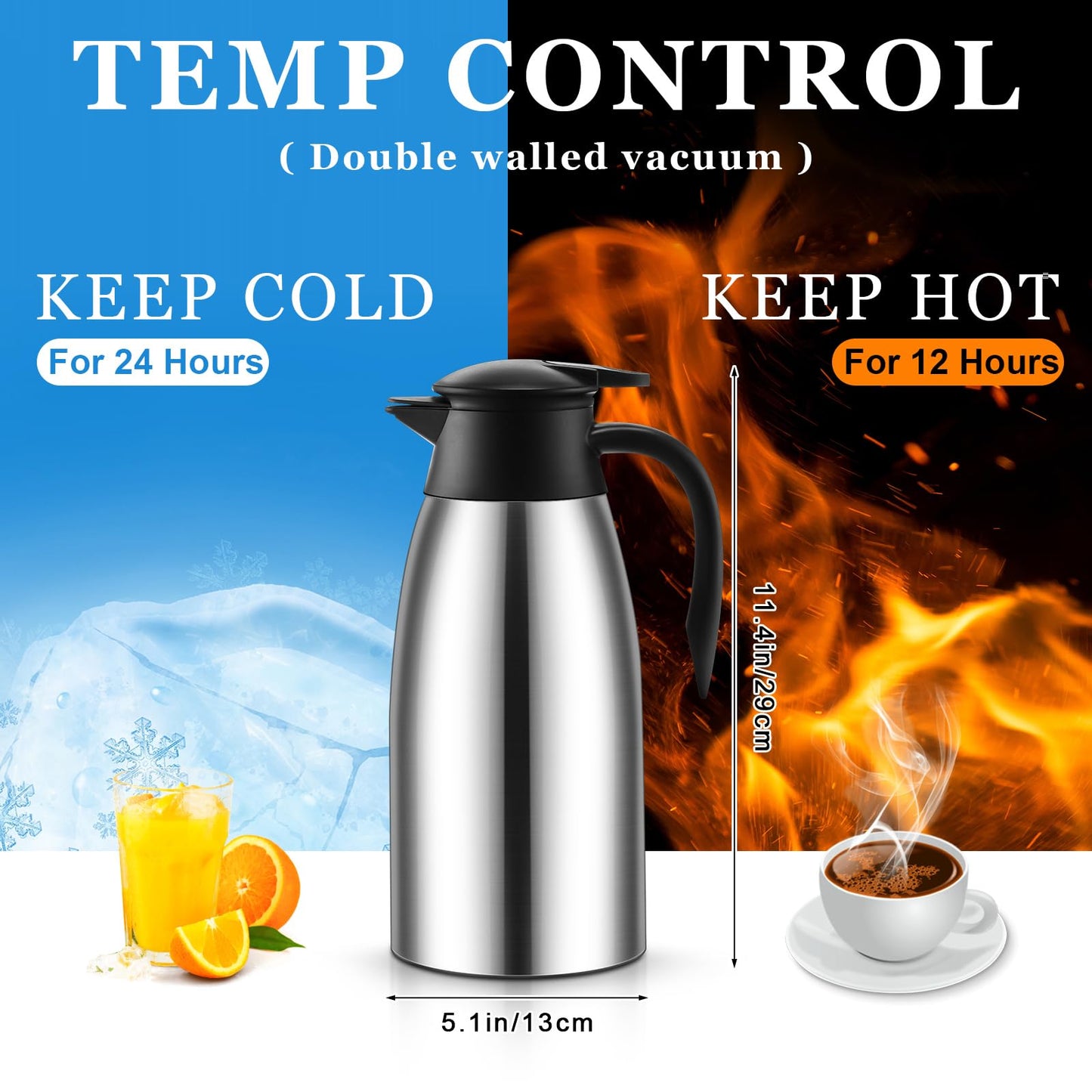 Norme 2 Pcs Thermal Coffee Carafe Insulated Stainless Steel Coffee Carafe for Hot Liquid Vacuum Thermal Pot Creamer Pitcher Dispenser with Brushes Keeping Hot Water Milk(Silver,68 oz)