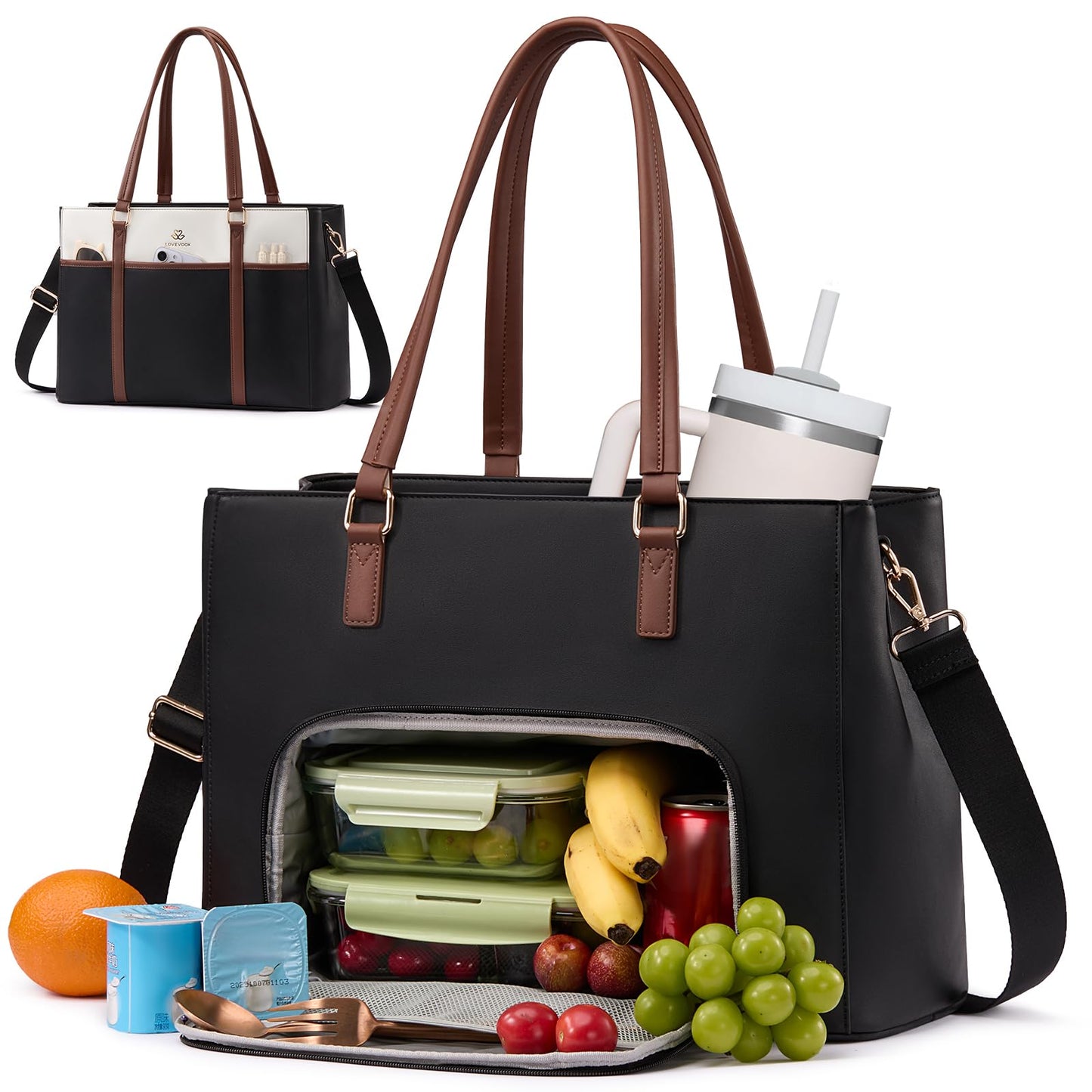 LOVEVOOK Lunch Bag for Women, Leather Work Laptop Tote Bag with Insulated Lunch Compartment&Cup Holder, 15.6 Inch 2 in 1 Lunch Tote for Business, Teacher, Nurse, Office, College, Casual
