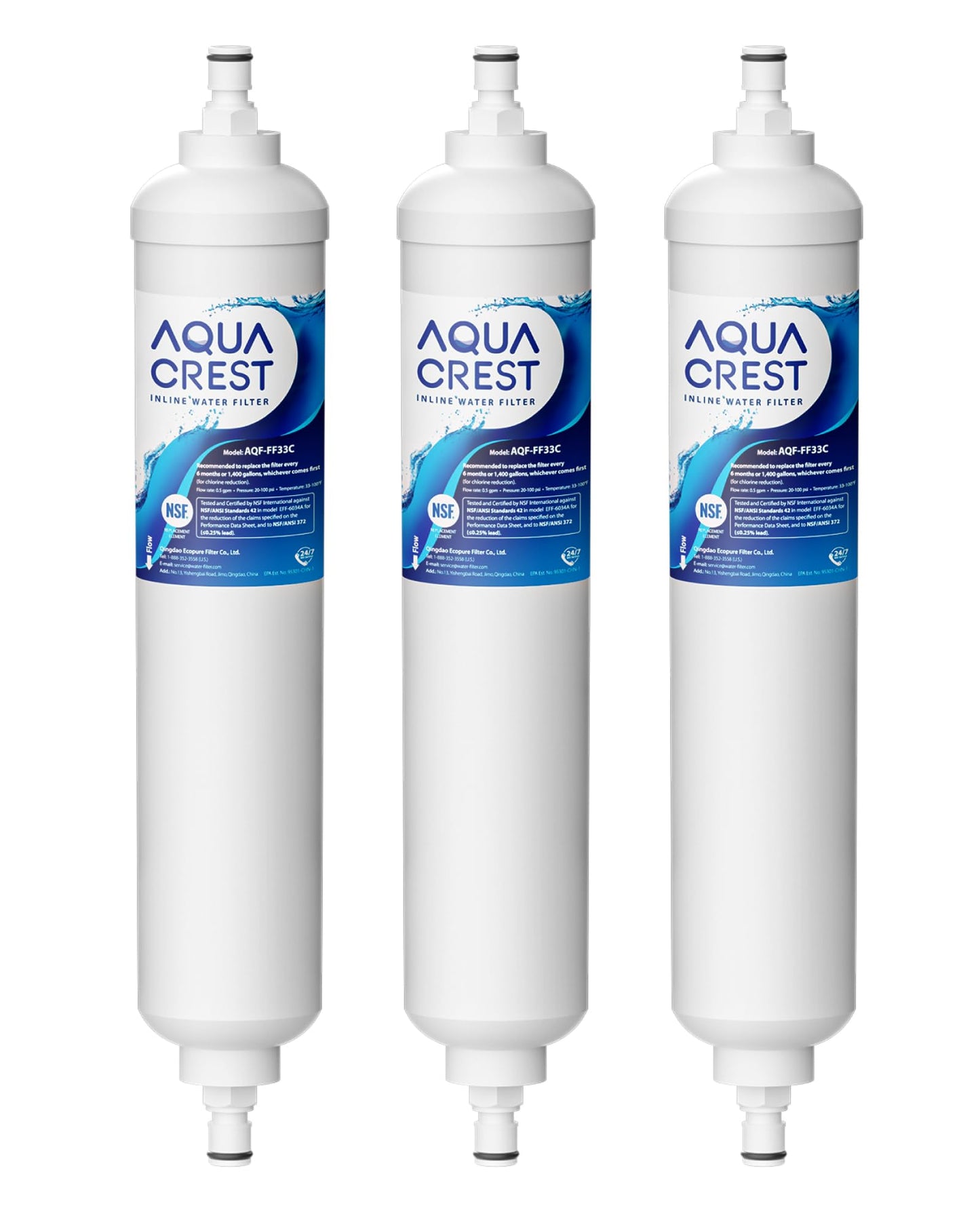 AQUA CREST GXRTQR Inline Water Filter, NSF Certified, Replacement for GE® GXRTQR, GXRTQ, Carbon Block Media Ensures 99% Chlorine Reduction, 3 Filters