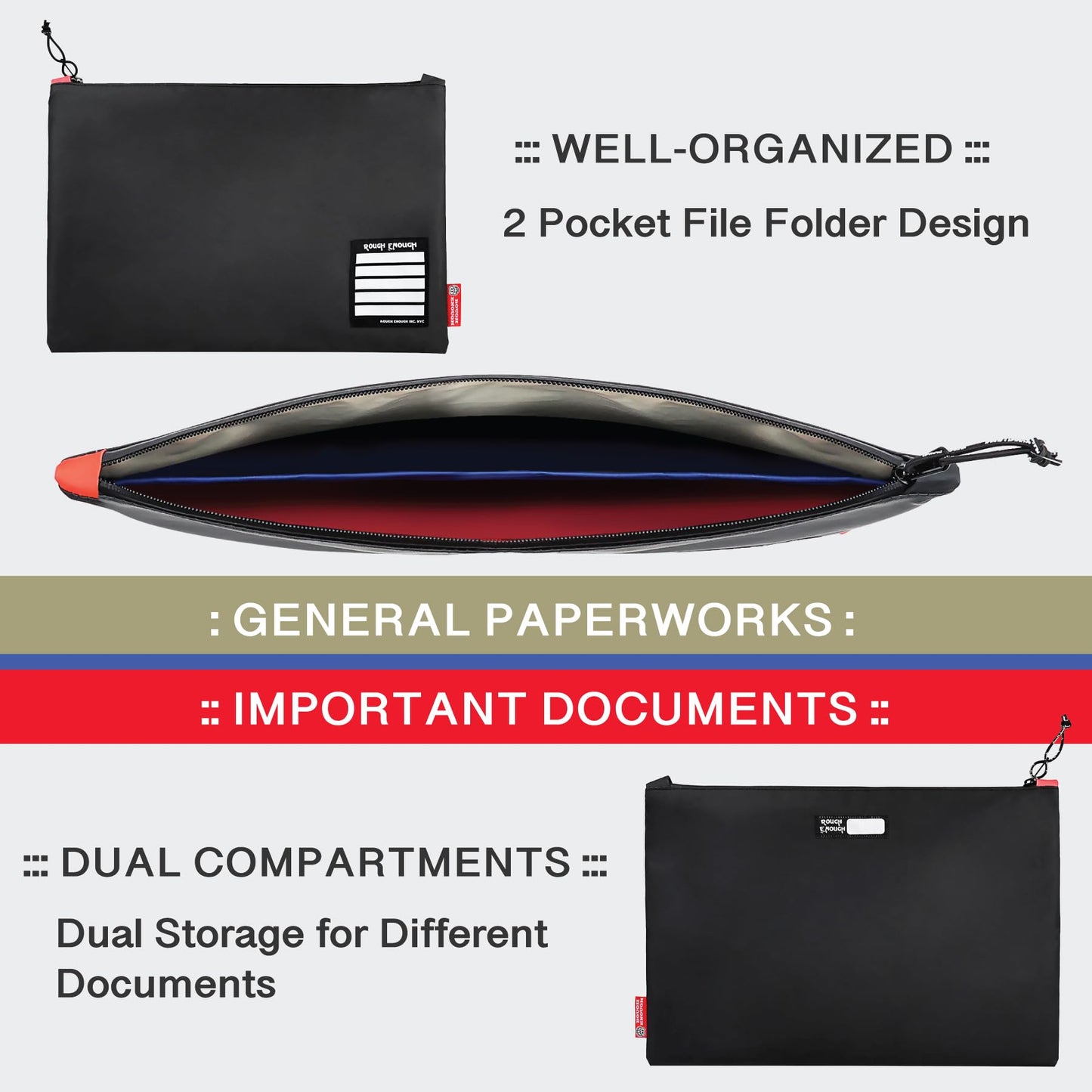 Rough Enough Important Document Organizer Holder Bag File Folder Zipper Pouch with 2 Pocket for A4 Paper Notebook Travel Business Office Home Water Resistant