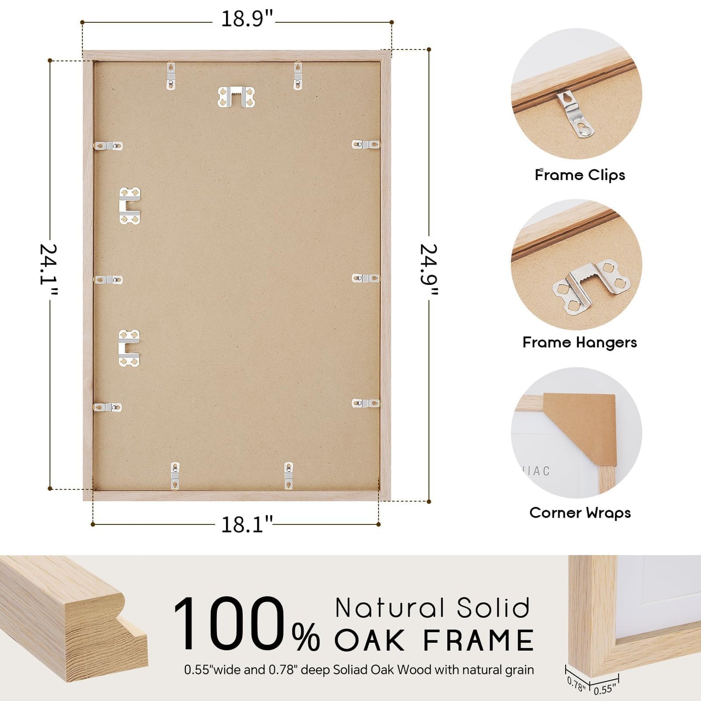 puthiac 18x24 Solid Oak Wood Picture Frame, 18 x 24 Poster Frames for Wall, Vertical or Horizontal, Plexi Front, 1 Pack, Natural Oak