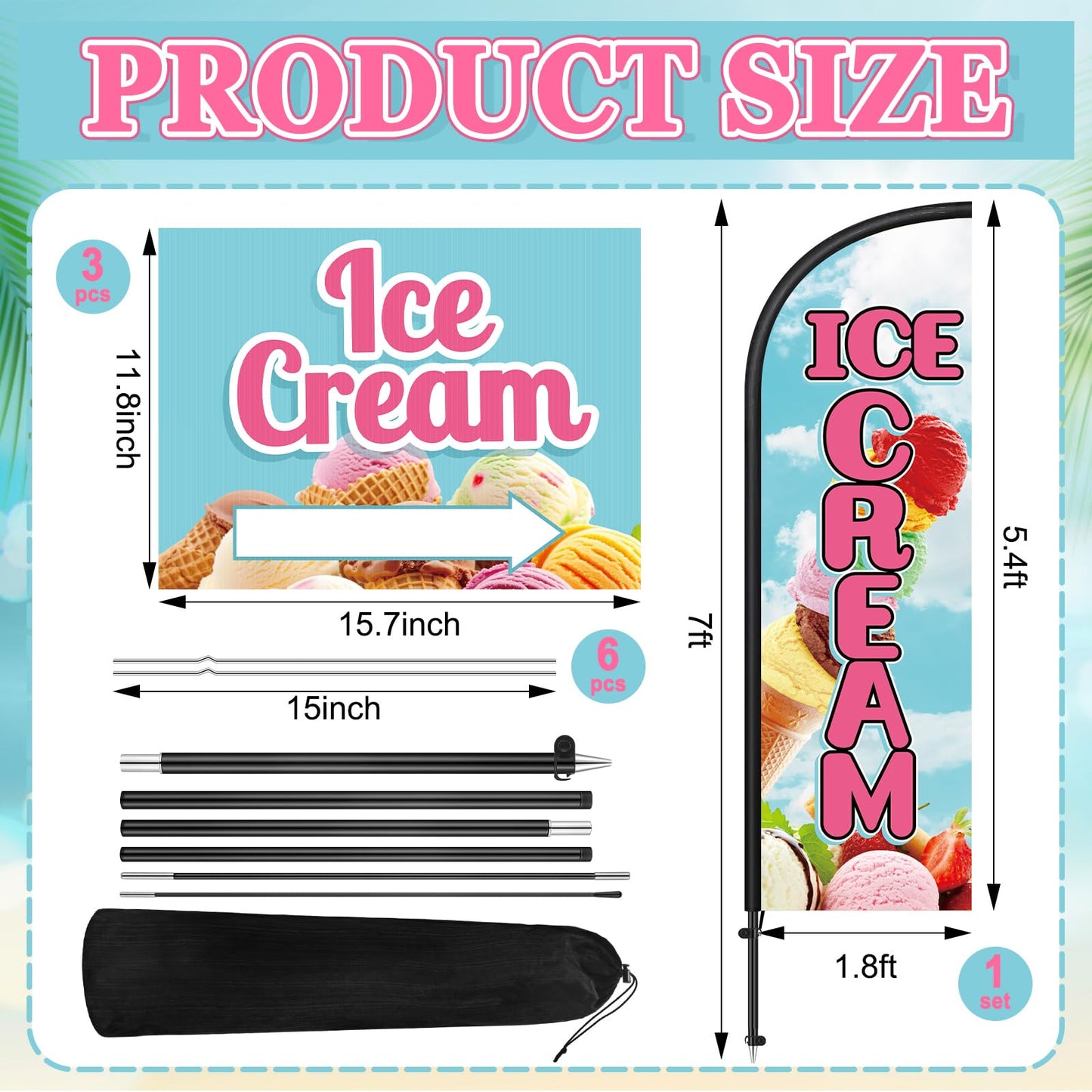 Hahafelt 3 Pcs Ice Cream Shop Sign 1 Pcs 7 ft Ice Cream Flag with Pole Kit Yard Sign with Metal Stakes Feather Windless Swooper Shop Flags for Outdoor Business Advertising