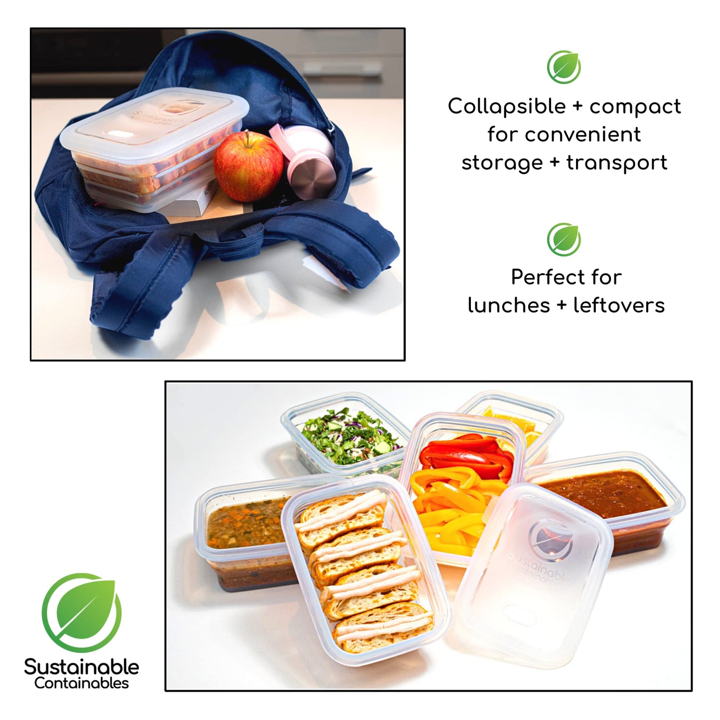 Premium Silicone Collapsible Food Storage Containers with Silicone Leakproof Lids, Platinum Food-Grade, BPA Free, LFGB Certified, Compact, Reusable Lunch Box, Microwave Safe, 4.9 Cups 3 Pk