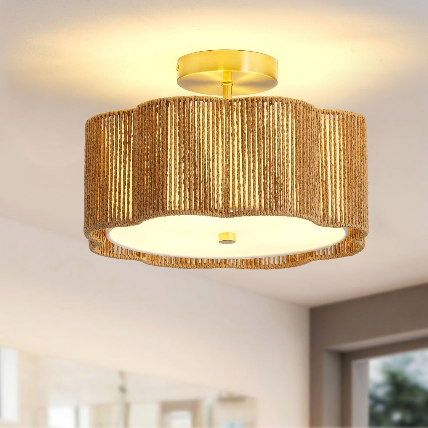Giutna Rattan Ceiling Light Fixtures Flush Mount,3-Light Boho Light Fixtures Ceiling Mount for Bedroom,Close to Ceiling Light Modern Rattan Chandelier Lighting for Hallway Kitchen Dining Room(Yellow)