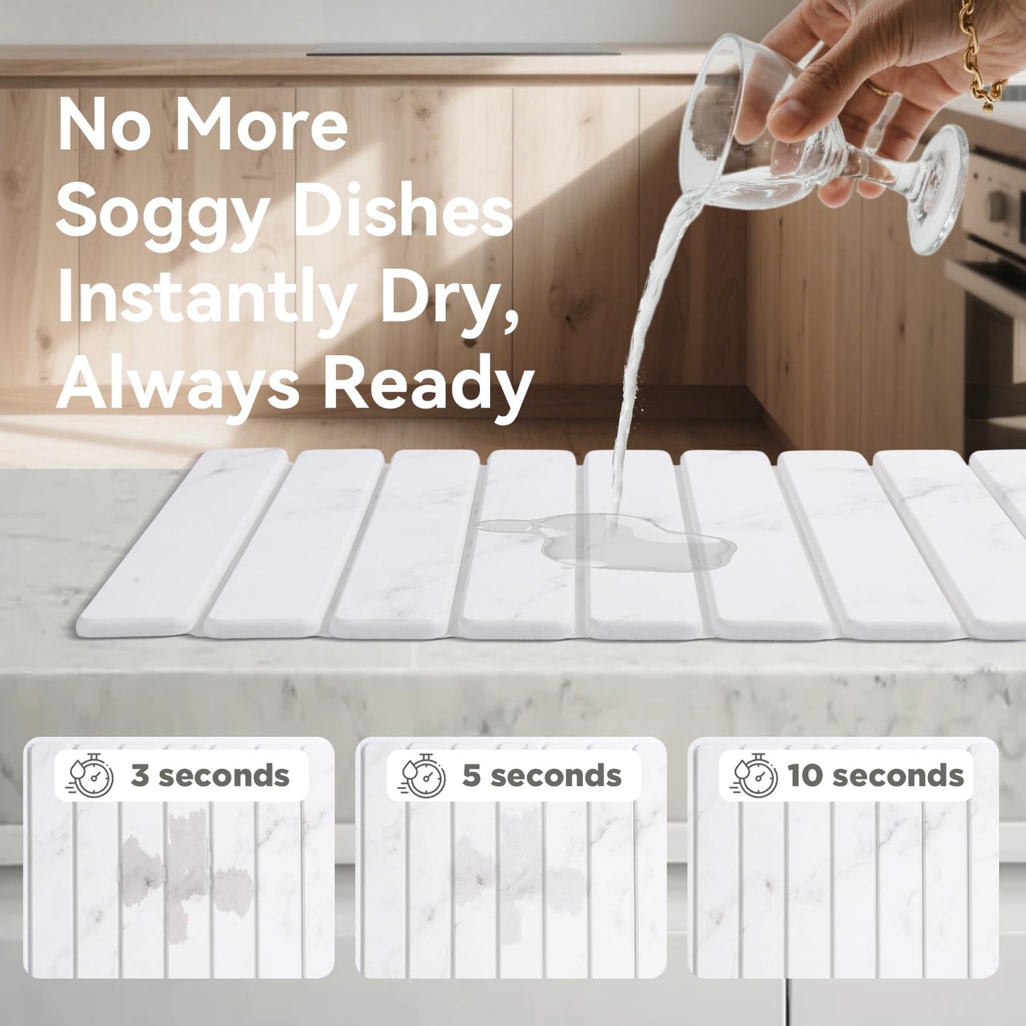 Stone Drying Mat for Kitchen Counter, 24"(L)×16"(W), Drying Matt Kitchen Counter, Stone Dish Drying Mat, Foldable Diatomaceous Earth Mat