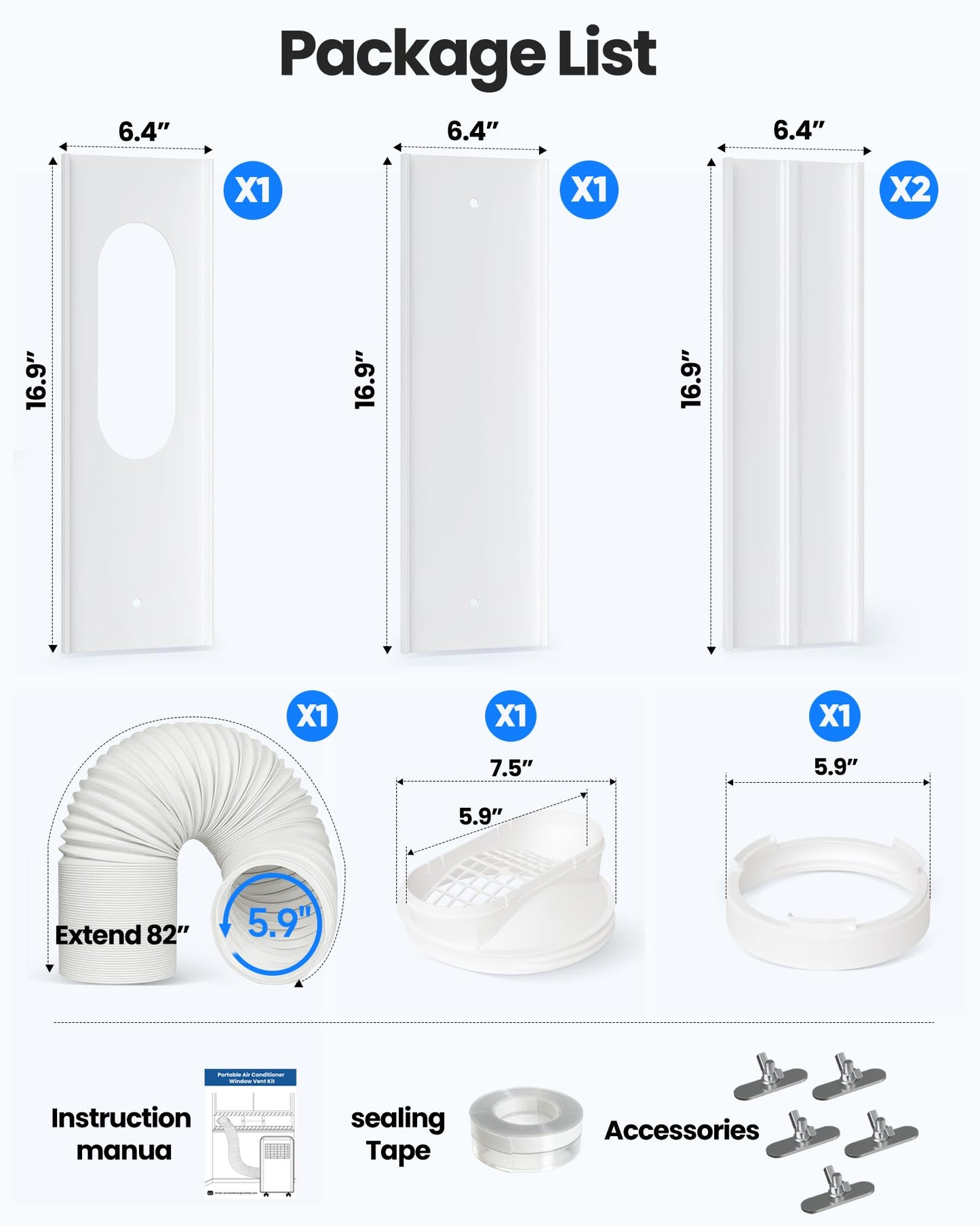 Portable Air Conditioner Window Vent Kit with 82" Length, 5.9" Diameter Exhaust Hose, 13Pcs Universal PVC AC Window Slide Seal with 4 Panel(17" to 63") for Horizontal&Vertical