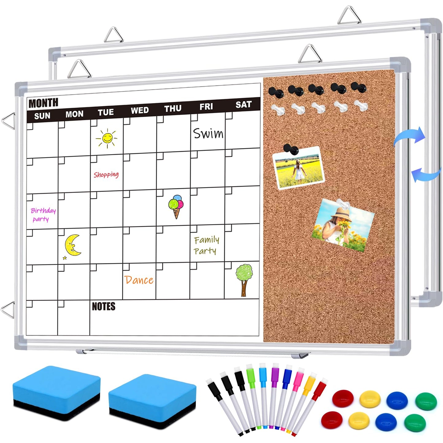 YUYIUS Calendar Whiteboard for Wall, 24" x 18" Double Sided Monthly Dry Erase Board Calendar for Office, Home, School, Hanging Cork Board White Board Combo, Portable Magnetic Dry Erase Planner Board