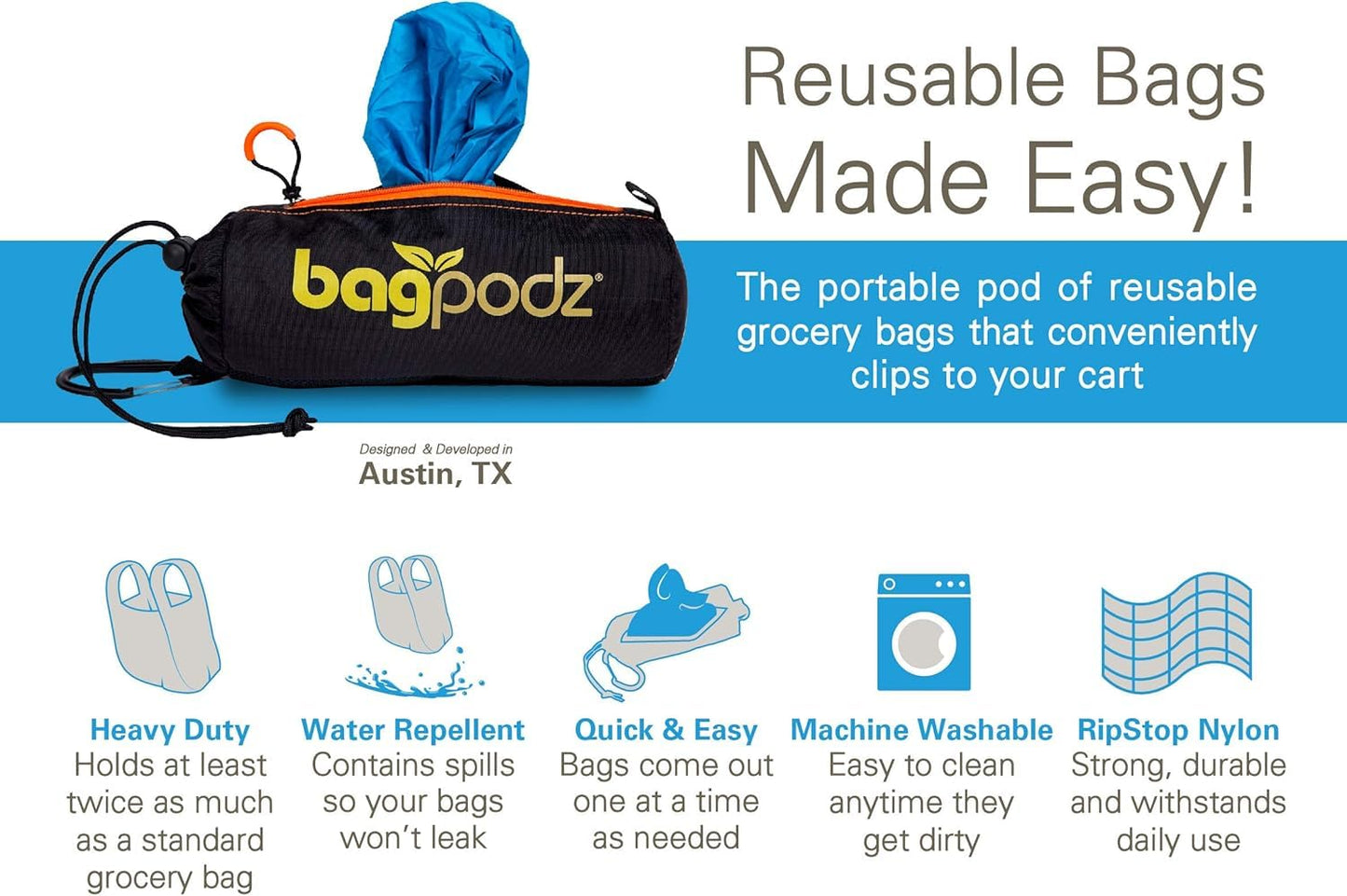 BagPodz Sturdy Reusable Grocery Bags Foldable and Washable - Made From RipStop Nylon Hold 50lbs - Designed in USA Reusable Shopping Bags Inside a Compact Pod with Carry Clip - 10 Pack in Blue