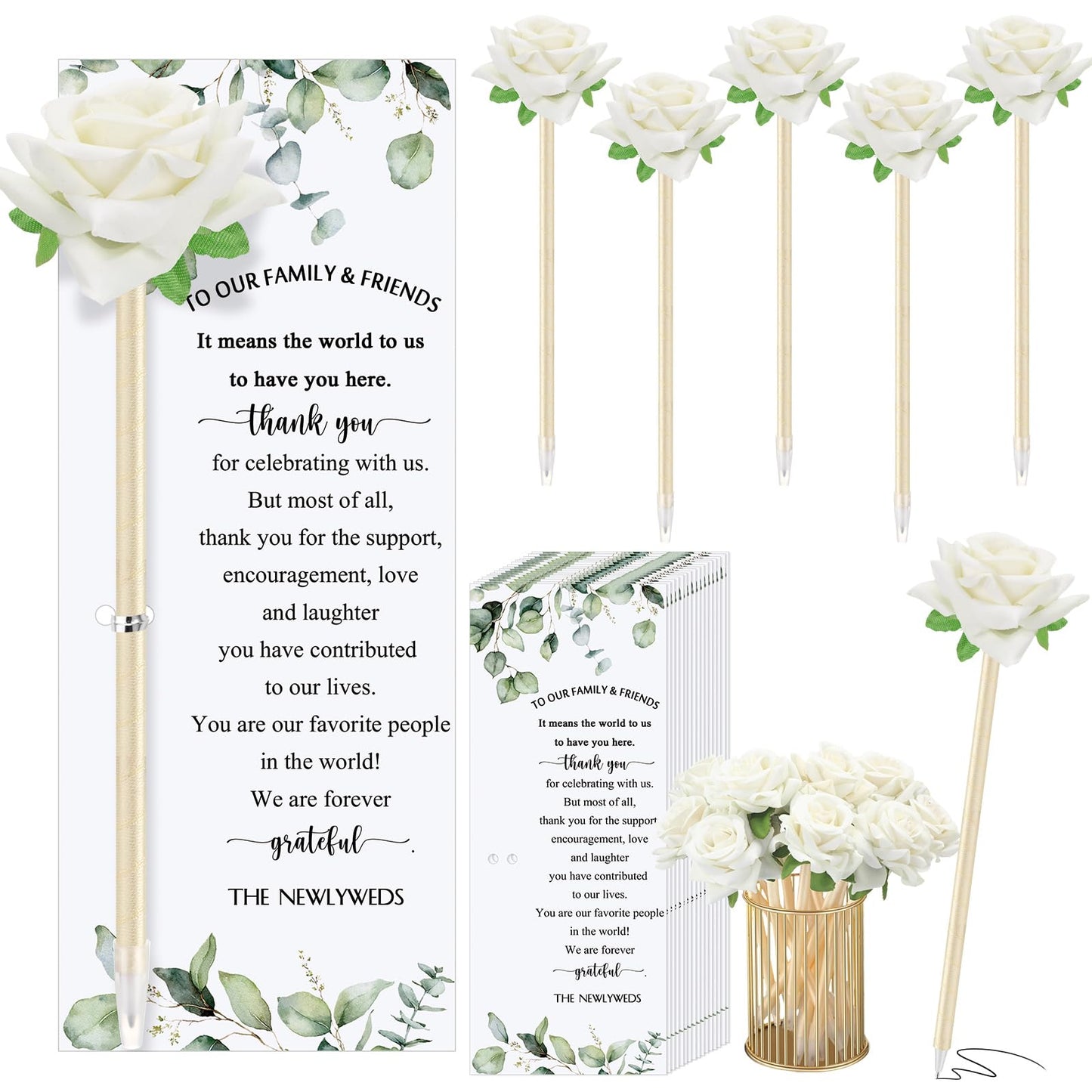 Spakon 36 Set Wedding Favors Pens for Guests Bulk - Bridal Shower Artificial Rose Flower Pen Thank You Cards with Twine Ballpoint Pen Black Ink for Wedding Games Office Proposal Gift(Cute Style)