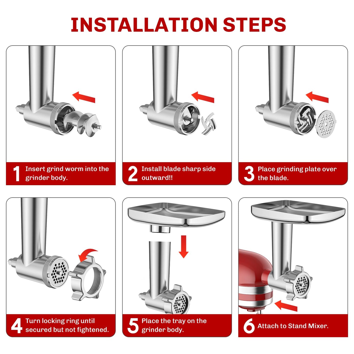 Meat Grinder Attachment for KitchenAid Stand Mixer, Metal Food Grinder for Kitchen Aid Includes 4 Grinding Plates, 3 Sausage Stuffer Tubes and 2 Cutting Blades