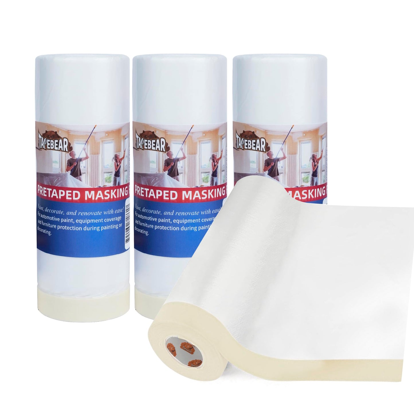 TAPEBEAR Upgrade Pre-Taped Masking Film Extra Thick, High Temp Tape and Drape 55" x 90', Plastic Cover for Automotive, Painting, Plastic Sheeting Masking Tape Film for Auto, Floor, Furniture, 4Rolls