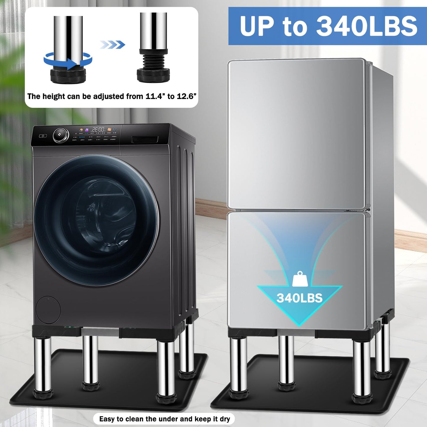Ailahloe Mini Fridge Stand with 23.6'' Silicone Mat (11.4"-12.6" High), 4 storage Feet Adjustable Base Tray Anti-Vibration for Mini Refrigerator Stand Washing Machine Stand, Max Load 340LBS