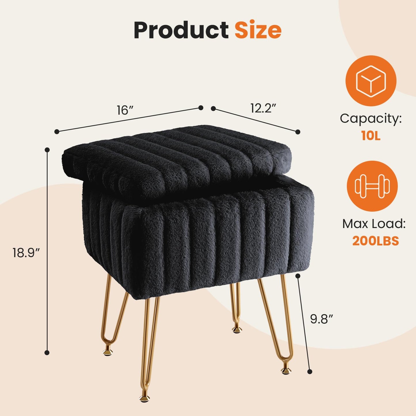 DUMOS Vanity Stool Chair, Ottoman with Storage, Makeup Cute Soft Small Footstool, Modern Style Faux Fur Seat with 4 Metal Legs & Adjustable Feet for Dressing, Living Room, Bedroom, Dorm, Black