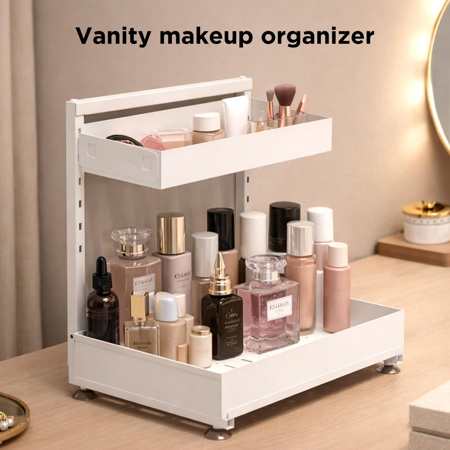 Kovryx Under Sink Organizer Bathroom Kitchen: 2 Pack 2 Tier Metal Under Cabinet Storage with Height-adjustable Shelf and Pull out Rack for Pantry Vanity Cupboard Counter Countertop, White