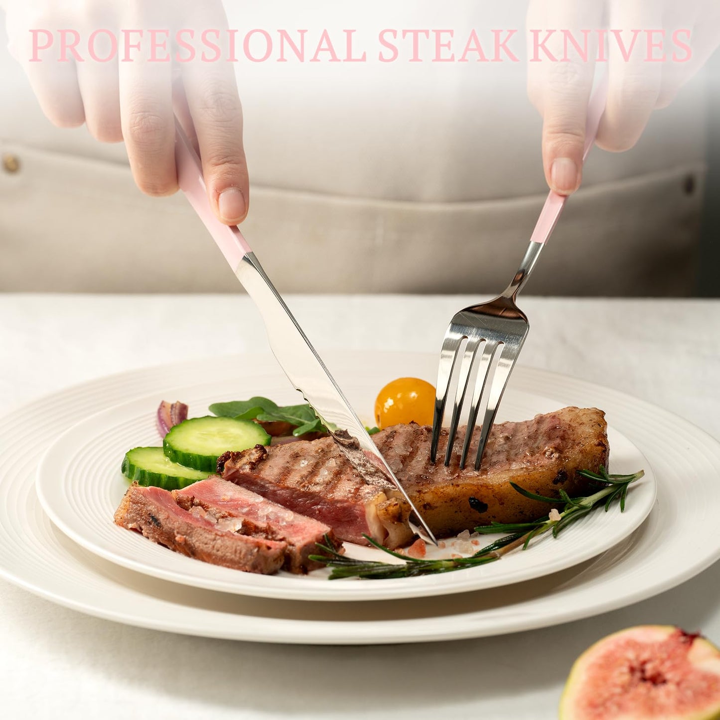 Astercook Silverware Set with Steak Knives 24-Piece Flatware Set for 4 Food-Grade Stainless Steel Pink Cutlery Set Mirror Polished Utensils Set Include Spoons and Forks for Home Kitchen Restaurant