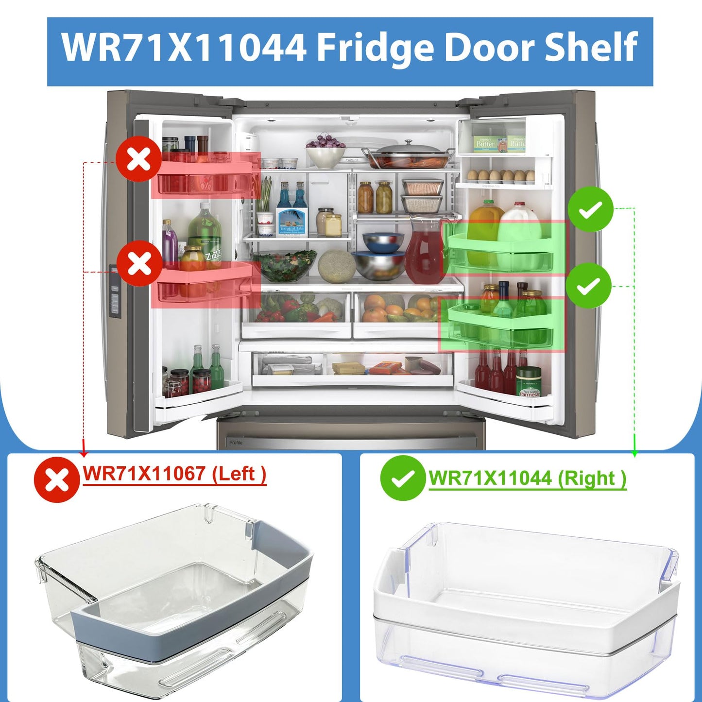 WR71X11044 WR71X11059 Refrigerator Door Shelf Bin (Right Side) ,Compatible with GE Refrigerator Replacement Shelves Replaces PS6011779, AP5656690, 2691847, EAP6011779 Refrigerator Parts & Accessories
