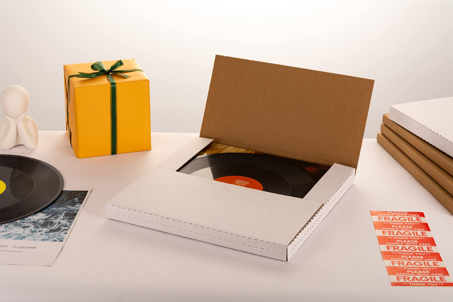 YUSHYIJIE LP Mailers 12.8x12.8x1 inch Vinyl Record Shipping Boxes with Fragile Stickers, Kraft Corrugated Album Mailing Box for Packing, Moving, Storage, 15 Pack