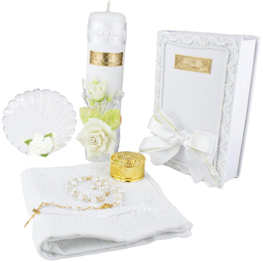 5 Pcs White Baptism Candle Set for Girls and Boys - Velas para bautizo - Vela de bautizo - Catholic Baptism Candle - baptismal kit with Shell and Bible
