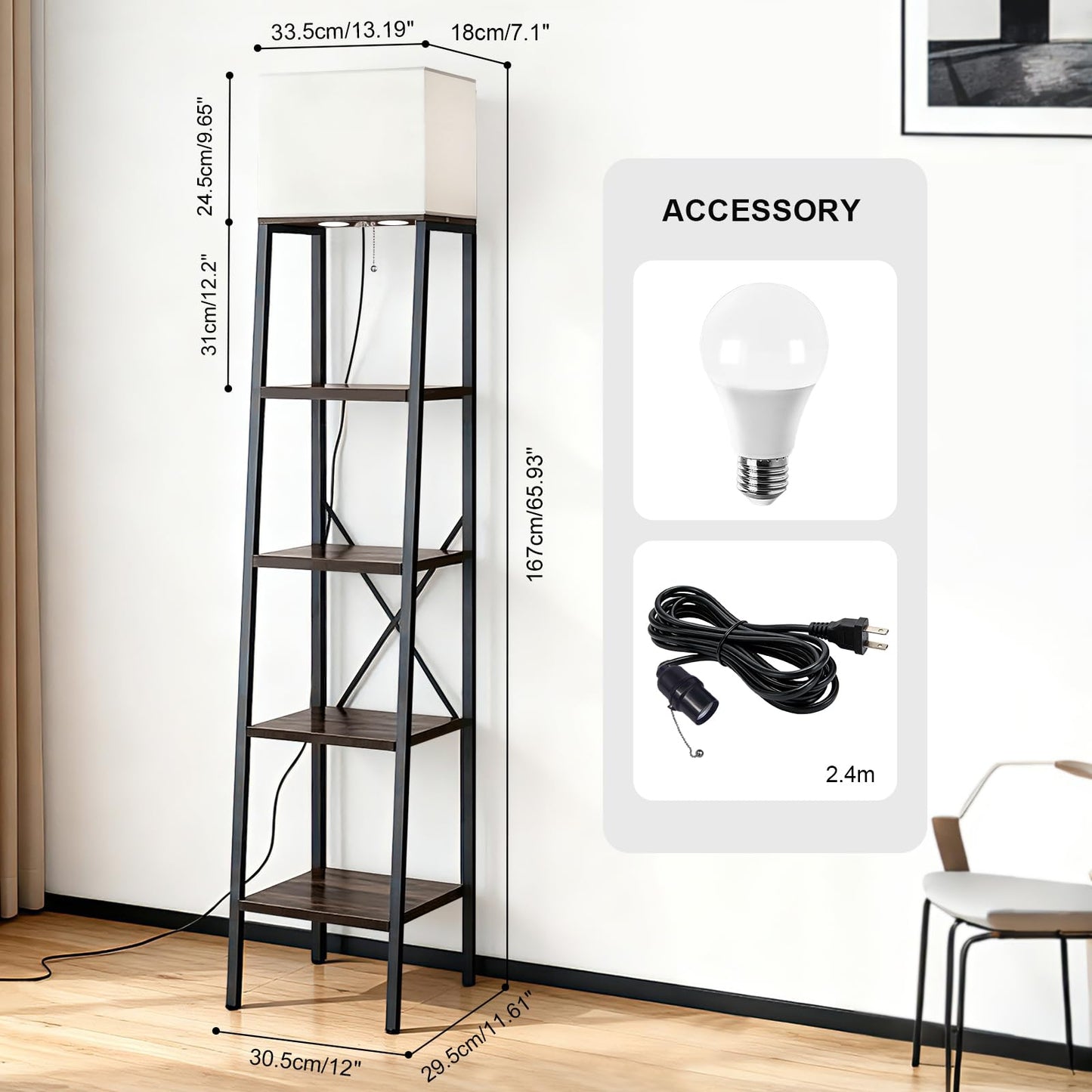 Jetfans Ladder Shelf with Lamp, 4-Tier Bookshelf Bookcase, Freestanding Corner Storage Shelve for Home Office, Living Room, Kitchen, Bedroom, Industrial, Rustic Brown