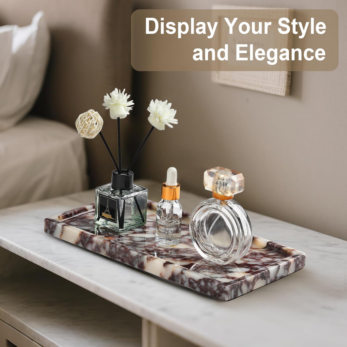 Natural Marble Vanity Tray - Moujings Genuine Marble Perfume Tray for Bathroom Decor, Stone Bathroom Vanity Organizer Tray for Kitchen Counter, Candles, Jewelry, Coffee, Makeup, Key