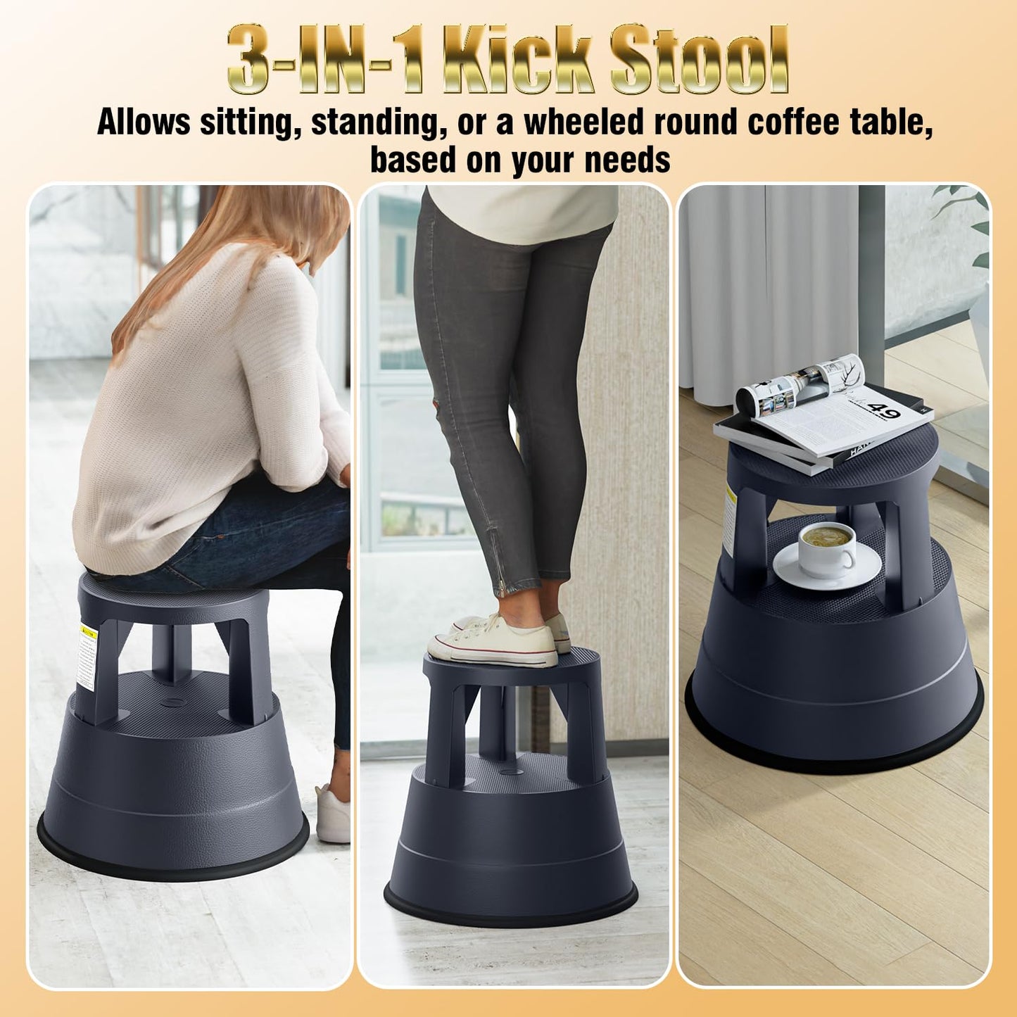 FurniCleevor Rolling Step Stool with Wheels, 550lbs Capacity, Non-Slip Platform & Retractable Casters, Round Kick Stool for Library, Kitchen, Office, Garage, Portable for Adults/Seniors/Kids (Black)