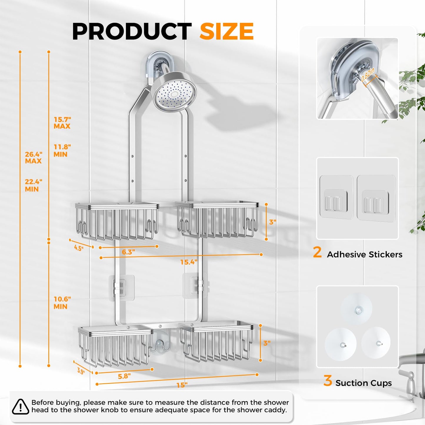 REINHARDT Aluminum Shower Caddy Hanging Adjustable Shower Caddy, Rustproof Hanging Shower Organizer with Hooks Soap Holders, Over Shower Head Caddy for Handheld Showerhead, Silver