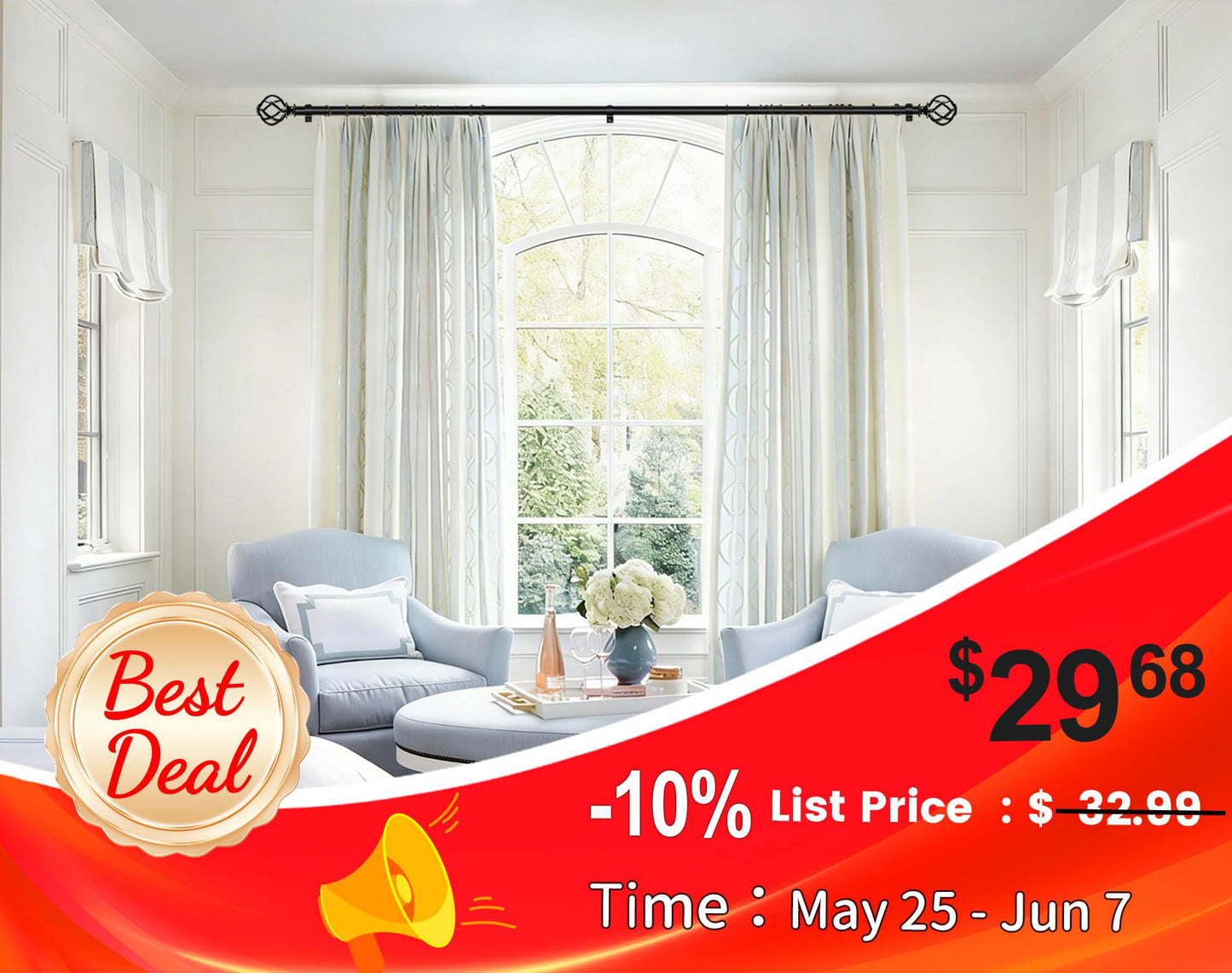 KAMANINA Black Curtain Rods for Windows 72 to 144 Inches (6-12ft), 1 Inch Heavy Duty Curtain Rod 32 to 144, Long Decorative Single Drapery Rods, Twisted Cage End