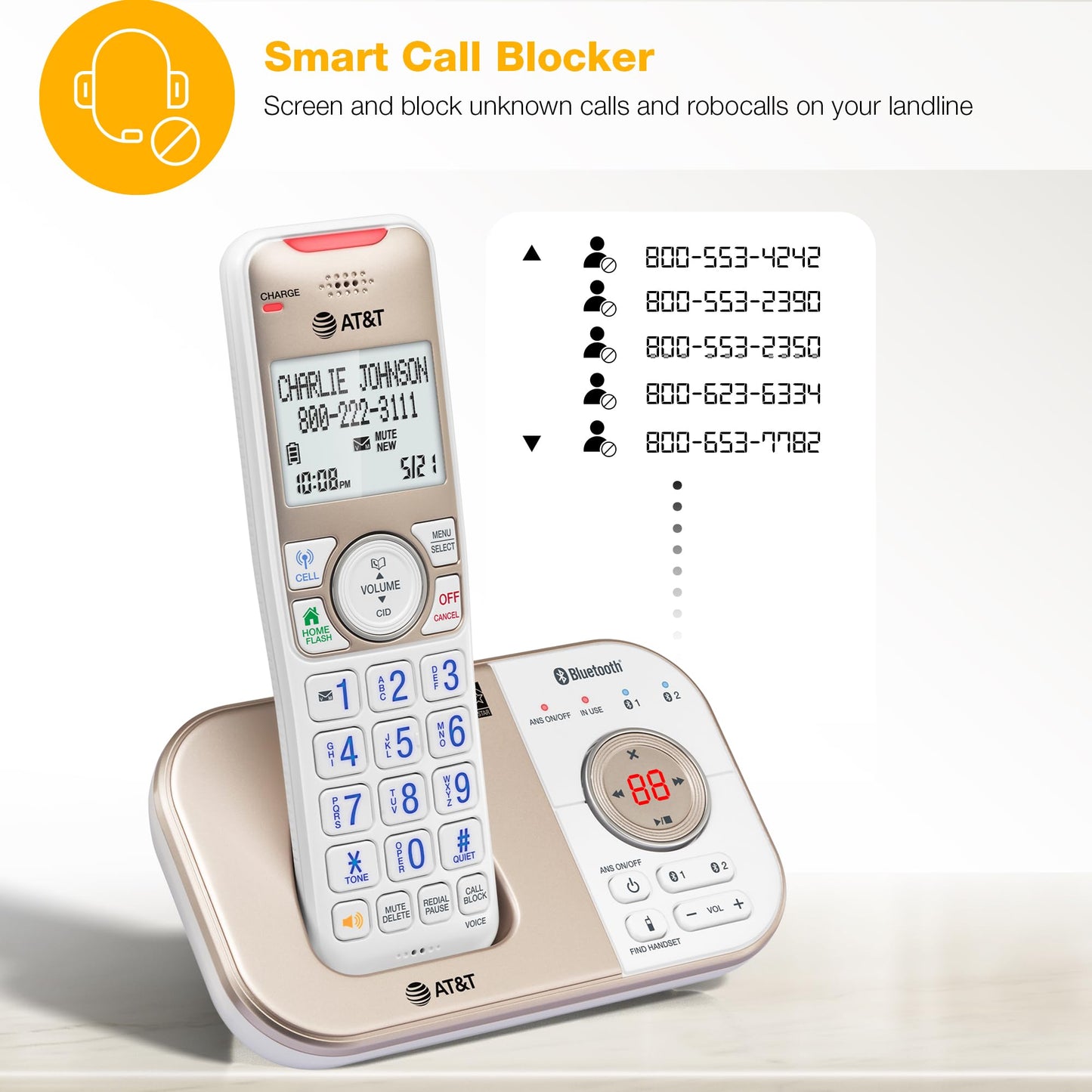 AT&T BL3112 Cordless Home Phone – 1 Handset, Bluetooth to Cell, Smart Robocall Blocker (1,000), Digital Answering, Expandable