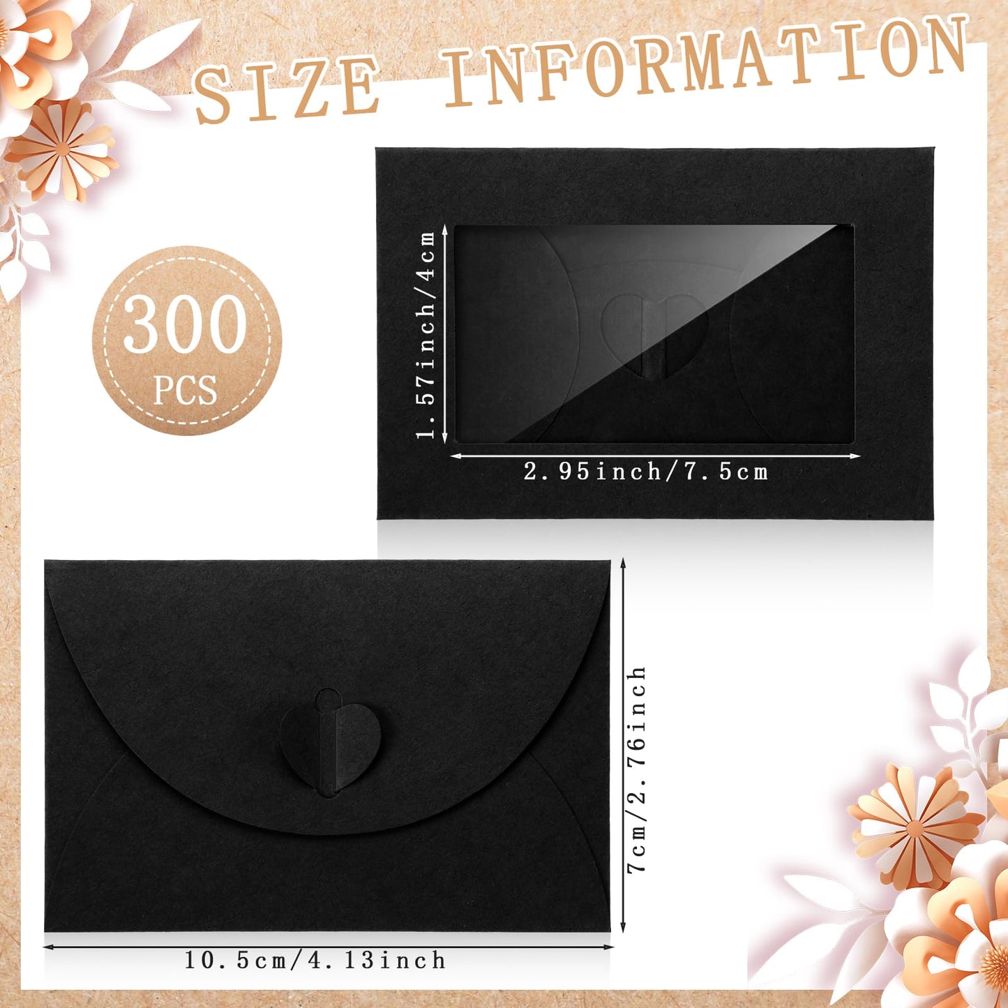 Uiifan 300 Pcs Window Gift Card Envelopes 4 x 2.8 Inch Gift Card Sleeves Mini Envelopes with Heart Shaped Clasp for Business Party Greeting Invitation(Black)