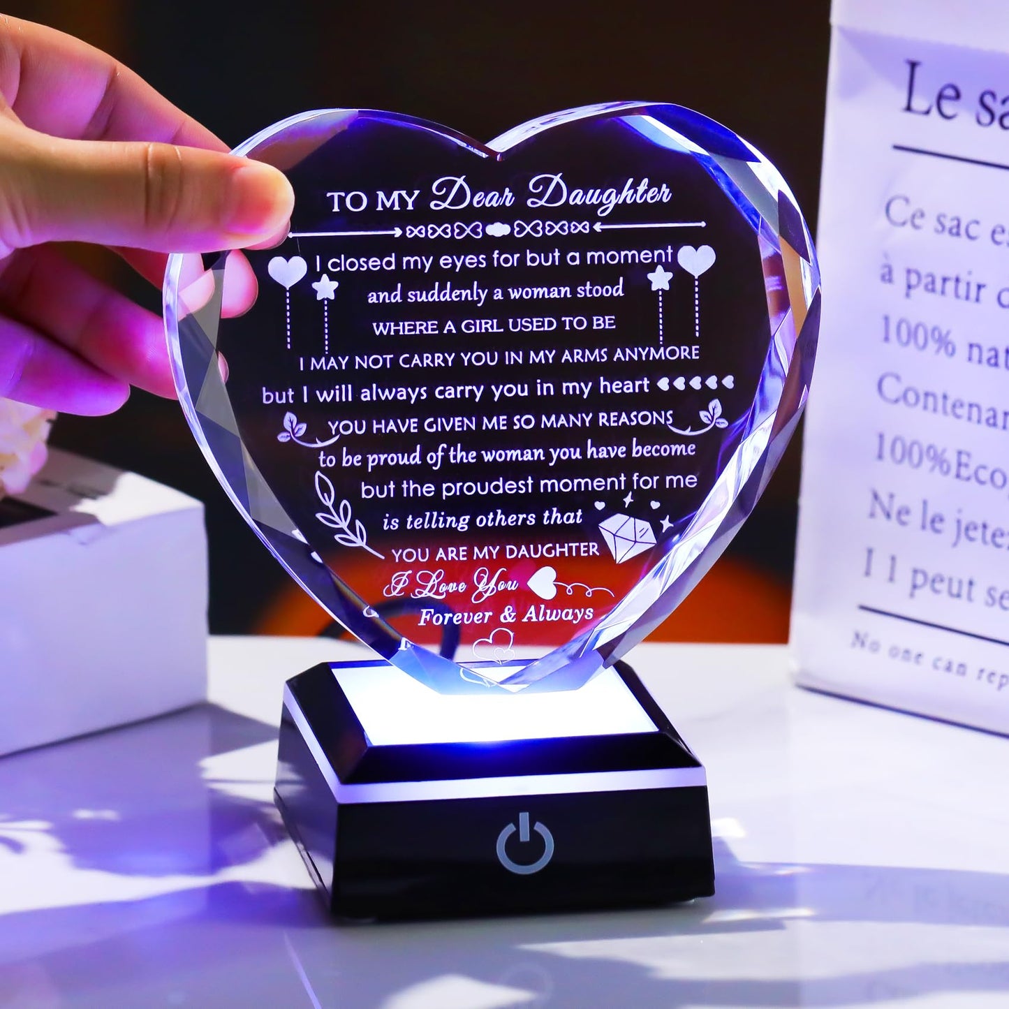 YWHL Gifts for Daughter with Colorful LED Base Best Daughter Birthday Gifts from Mom Dad Heart Crystal to My Daughter Gift on Christmas Valentines Mothers Day