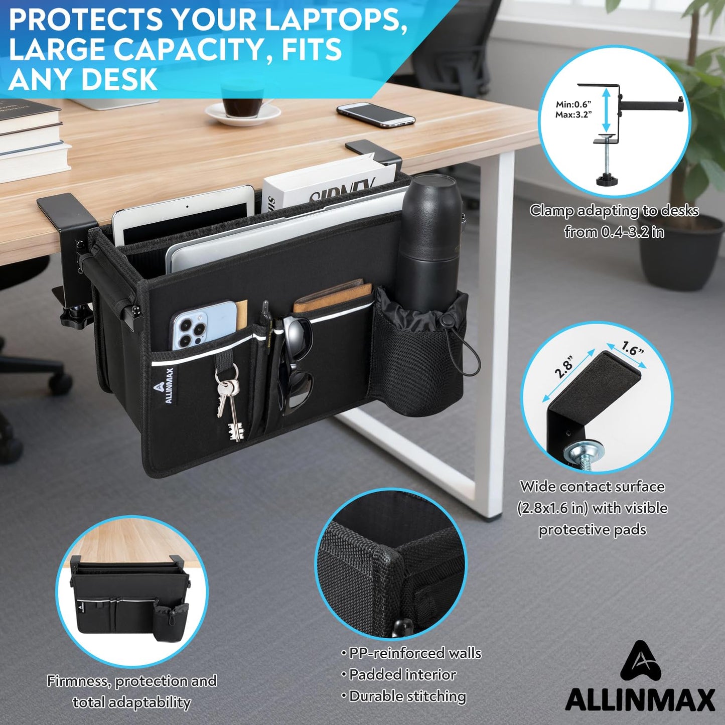 ALLINMAX Side Desk Laptop Holder for Up to 3 Laptops, Side Desk Organizer with Adjustable Divider & Bottle Pocket, Soft-Lined Interior, Clamp Mount Side Desk Storage, Fits 0.6″-3.2″ Flat Edge
