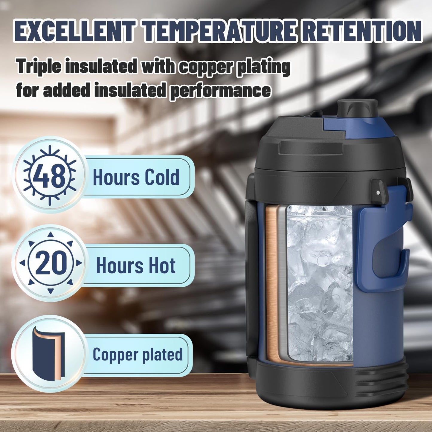 Zukro 1 Gallon Water Jug, One Gallon Large Triple Wall Insulated Water Bottle With Straw and Spout, Keep Cold 48 Hours, No Sweat 128 oz Stainless Steel Sport Jug For Gym, Camping, Outdoors, Black