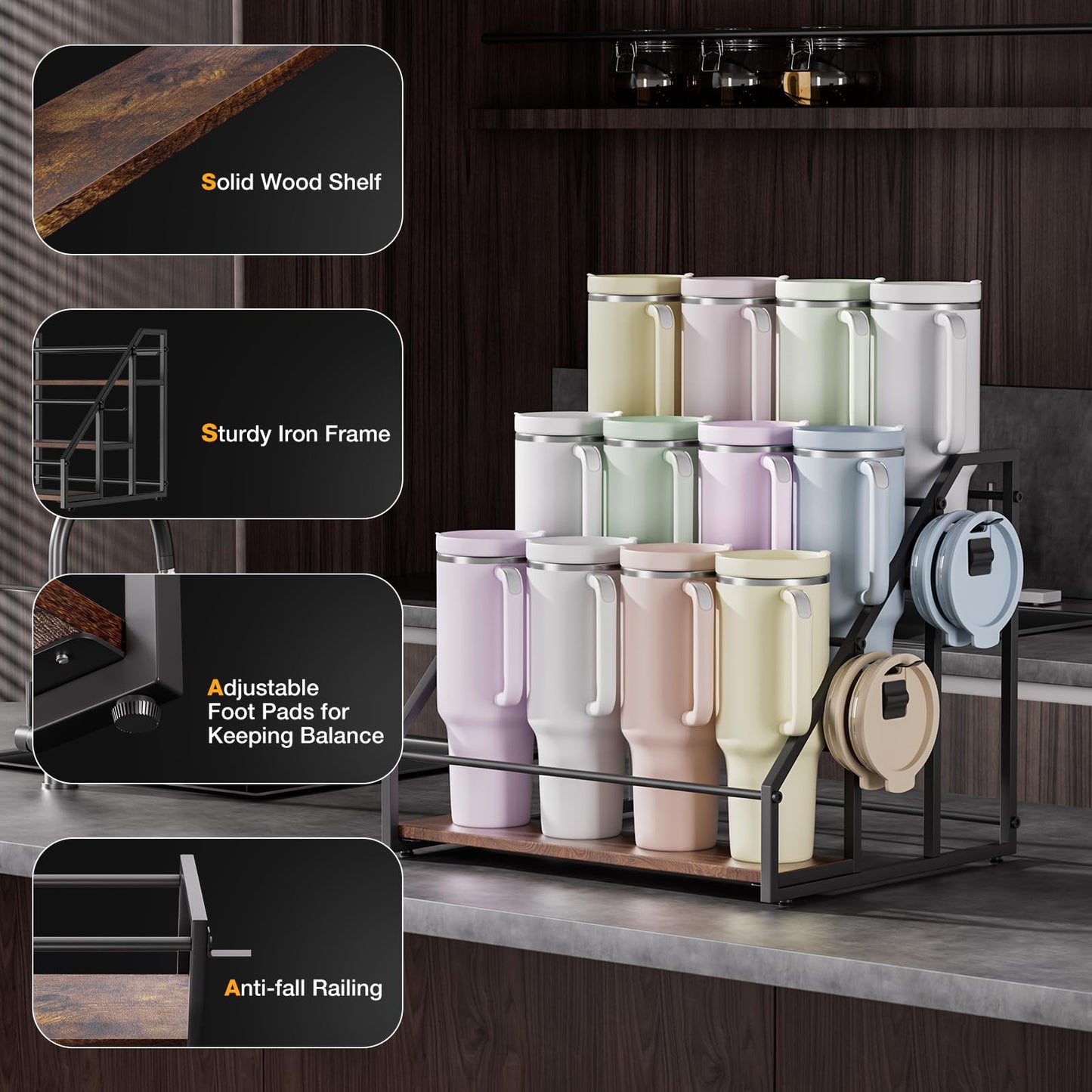 MOJOHAND Water Bottle Organizer for Full Stanley and Others' Large Tumbler Organization, Pantry Kitchen Organizers and Storage for Cup Accessories, Water Bottle Holder Wine Rack - 3 Tier Hold 12