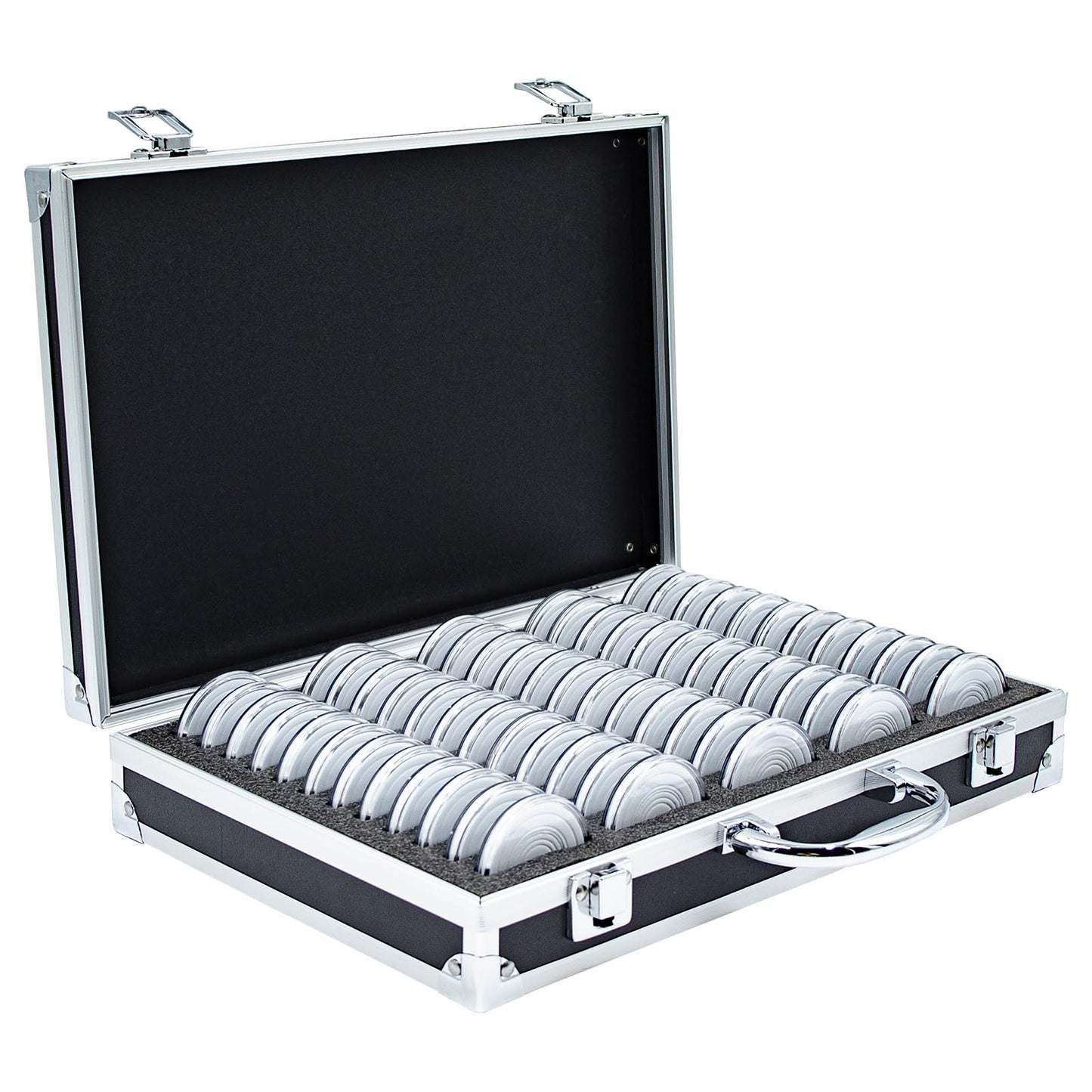 Dnoifne Aluminum Alloy Coin Storage Box with 60 Holders, Fits 6 Sizes (20/25/27/30/38/46 mm), Portable Coin Organizer Case with Foam Inserts & Gaskets, Durable Travel Coin Collection Carrying Case