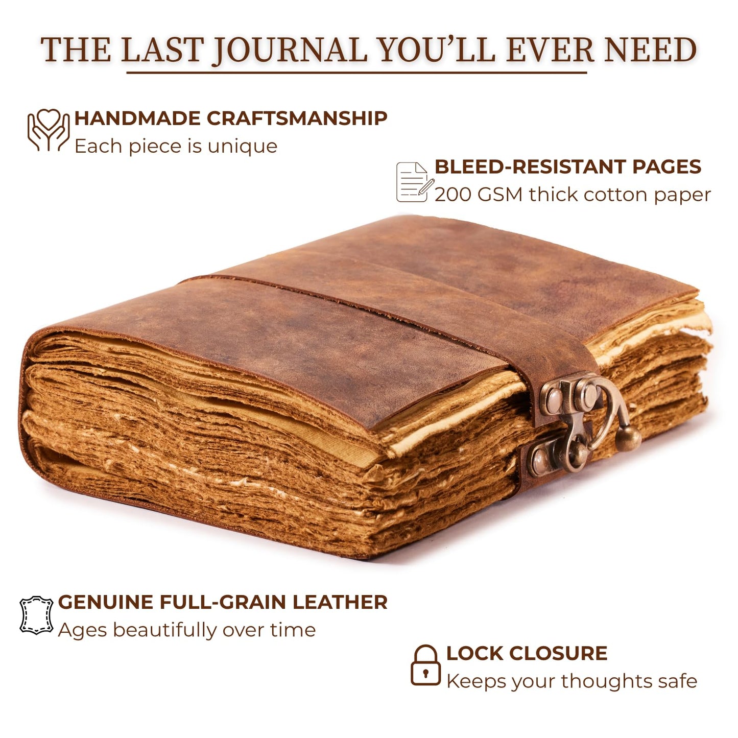 NomadCraftsCo. Vintage Leather Journal - Lock Closure, Book of Shadows Journal, Grimoire Journal, Witch Journal, Vintage Journal 240 pages Antique Deckle Edge Paper