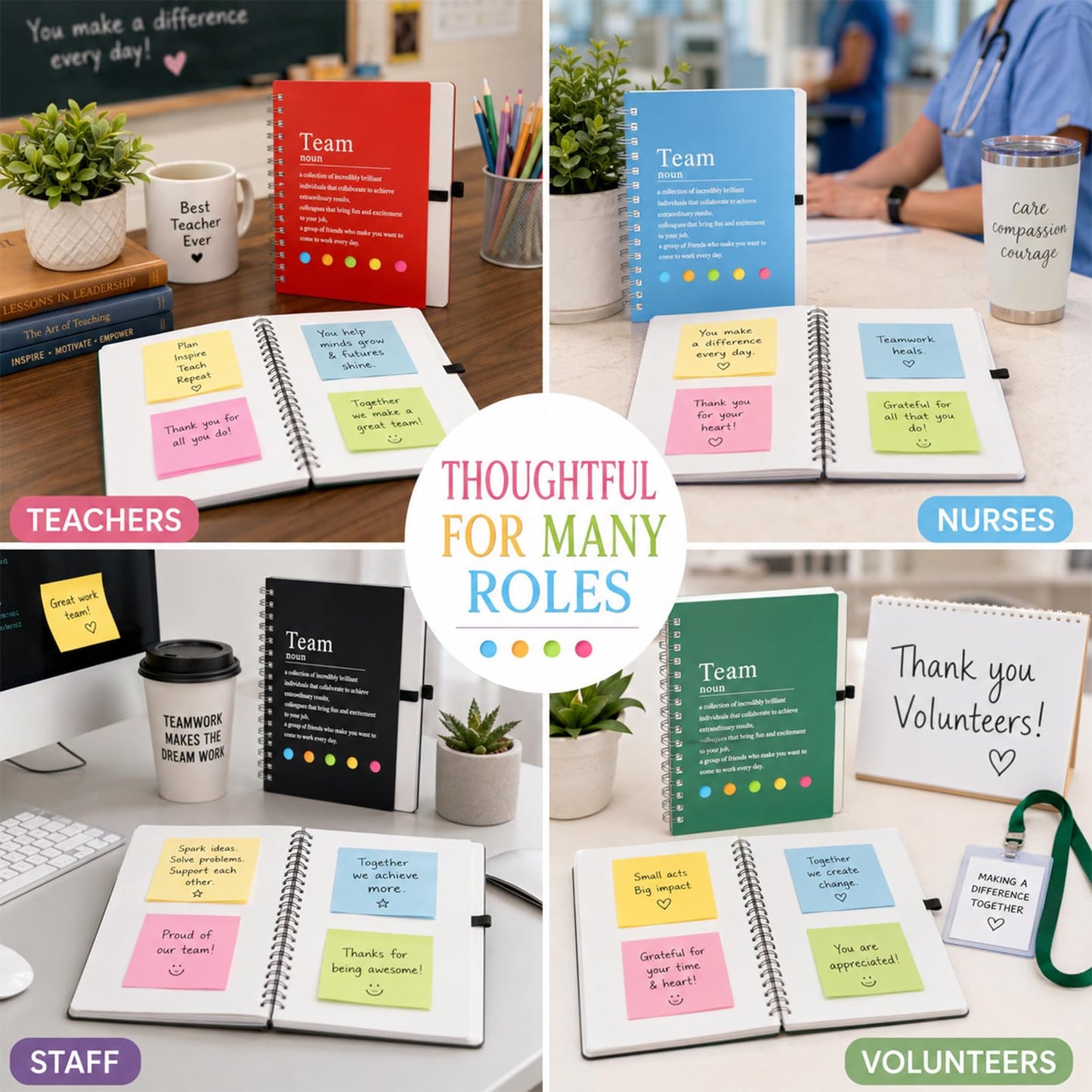 Feifeiya 24 Pcs Team Appreciation Gifts Bulk for Employee Inspirational Spiral Notebooks with Sticky Notes Thank You Gifts for Coworkers Staff Teachers Nurses CNA Week (Bright Color)