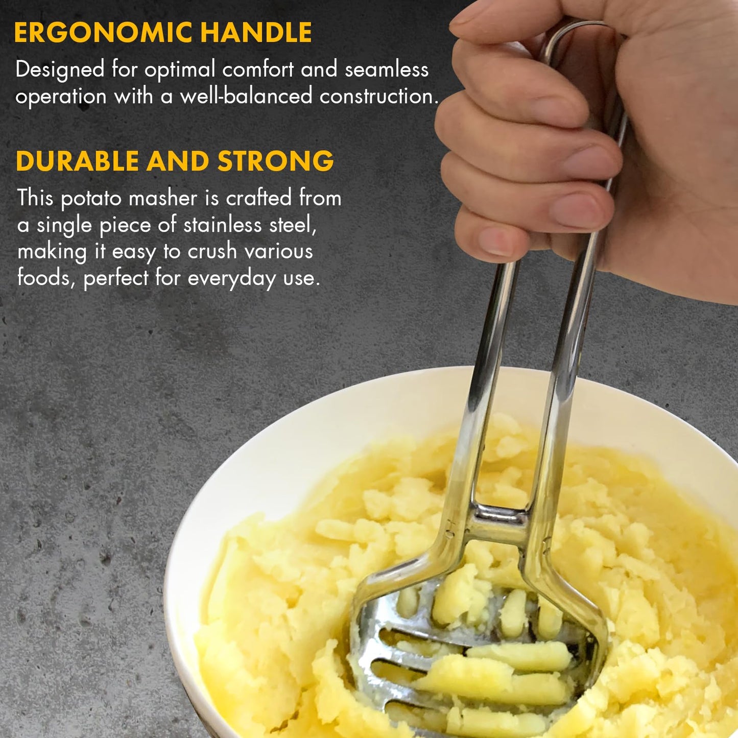 Heavy Duty Stainless Steel Potato Masher – Durable & Rustproof – Unique One-Piece Design for Quicker Mashing root vegetables, avocados, apples, beans, and nuts – 11-inch Long, Dishwasher Safe