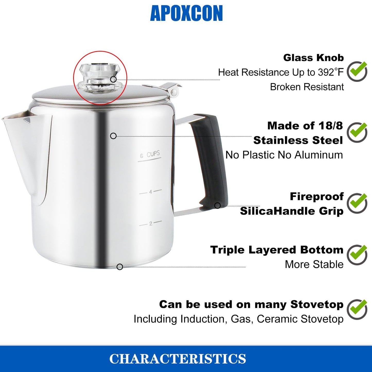 Multi Use Percolator Coffee Pot Stainless Steel Stove Top Coffee Maker with Two Tough Borosilicate Glass Knob Silica Handle Camping Coffee Pot Using on Campfire Stove & Induction Cooker Silver 6 Cup