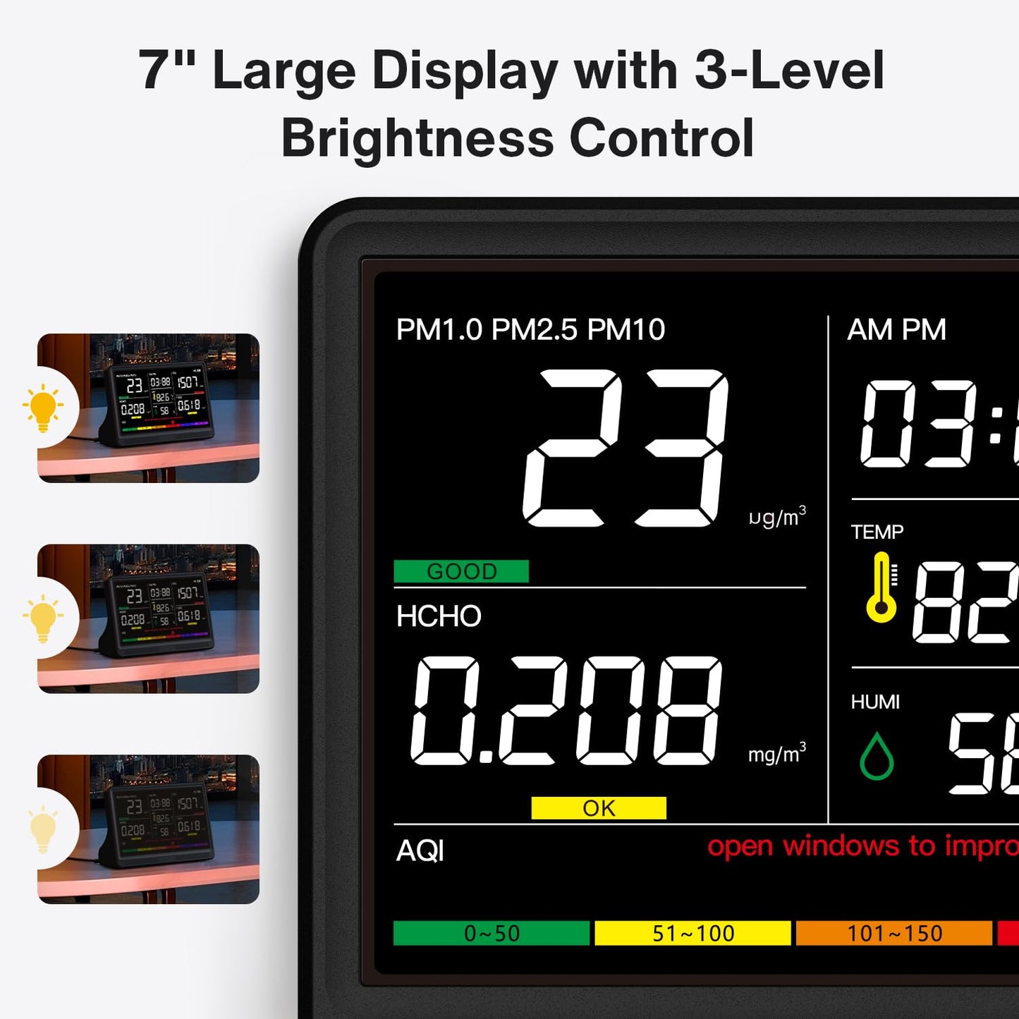 16 in 1 Air Quality Monitor Indoor 7" Display 9 AQI+7 AQI Alerts Air Quality Meter for CO2, TVOC, PM2.5, PM1.0, PM10, HCHO, Temperature, Humidity, AQI & Time, Air Detector Air Quality Tester for Home